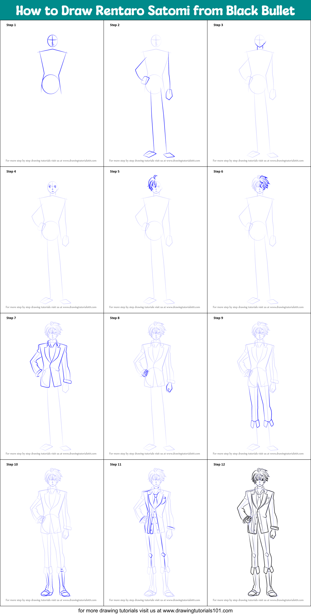 How to Draw Rentaro Satomi from Black Bullet Printable Step by Step