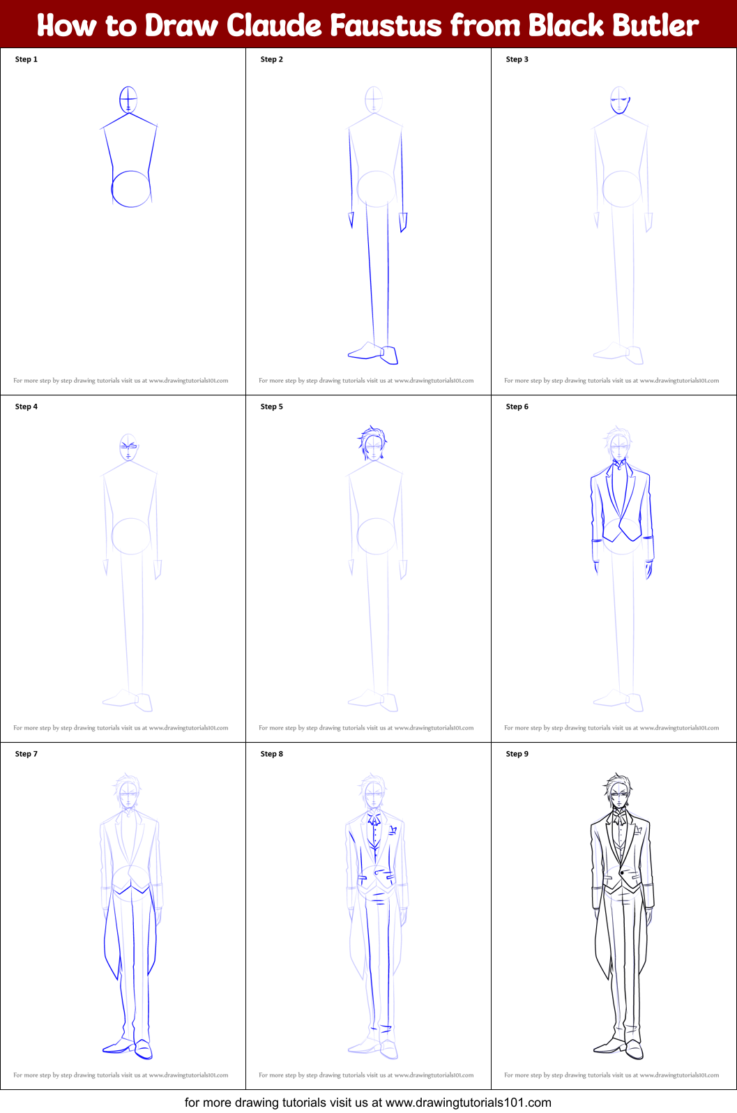 How to Draw Claude Faustus from Black Butler Printable Step by Step