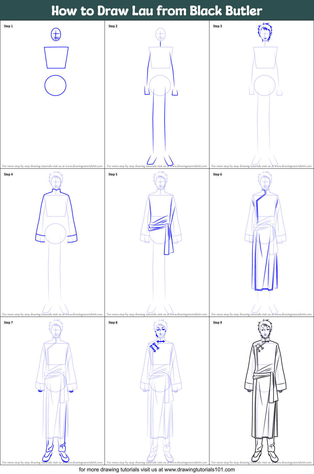 How to Draw Lau from Black Butler Printable Step by Step