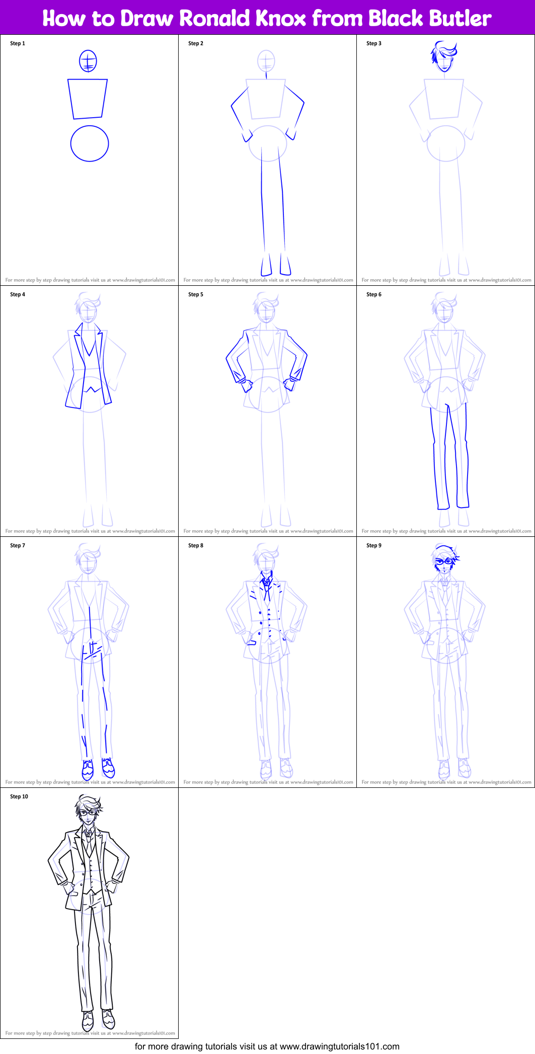 How to Draw Ronald Knox from Black Butler Printable Step by Step