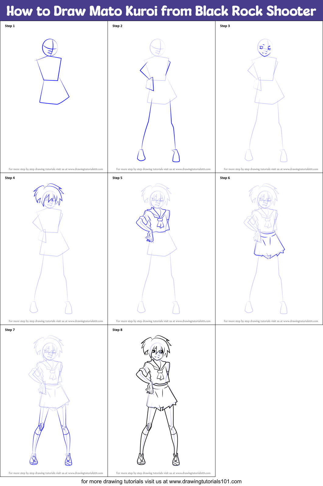 How to Draw Mato Kuroi from Black Rock Shooter Printable Step by Step