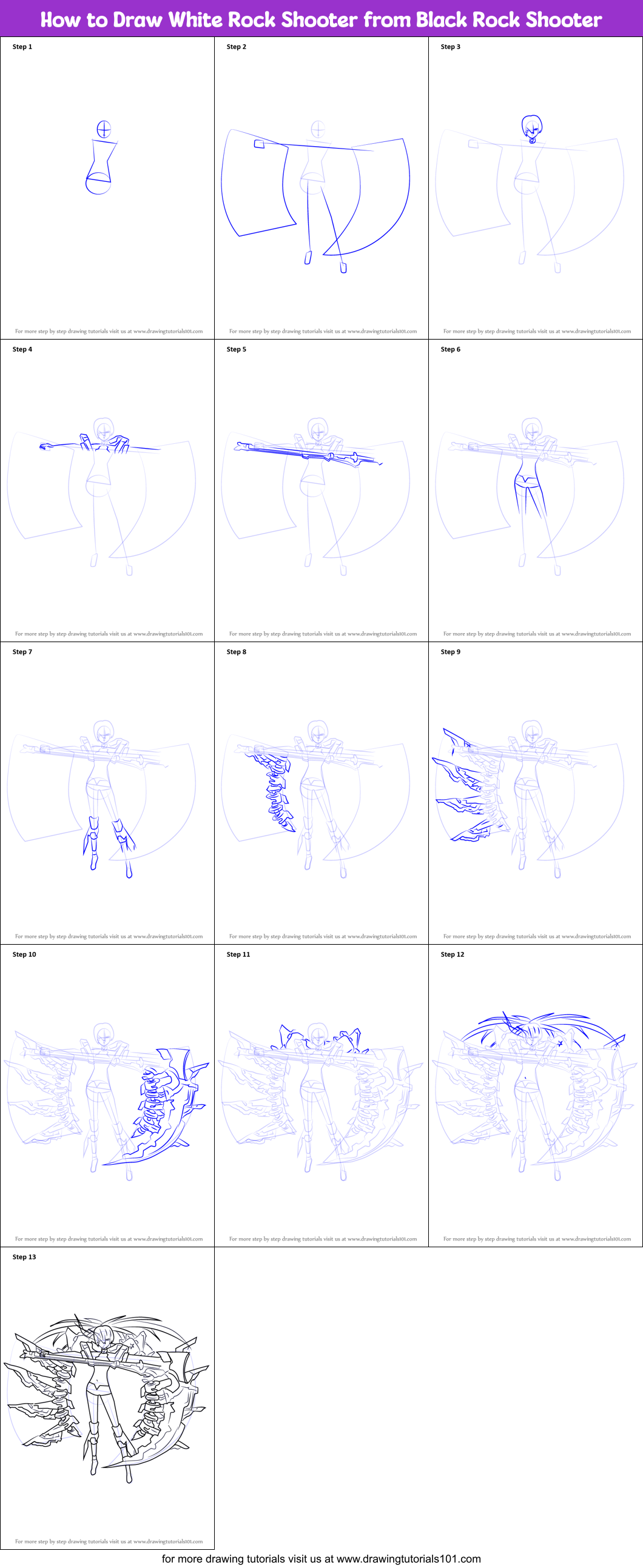 How to Draw White Rock Shooter from Black Rock Shooter Printable Step by Step