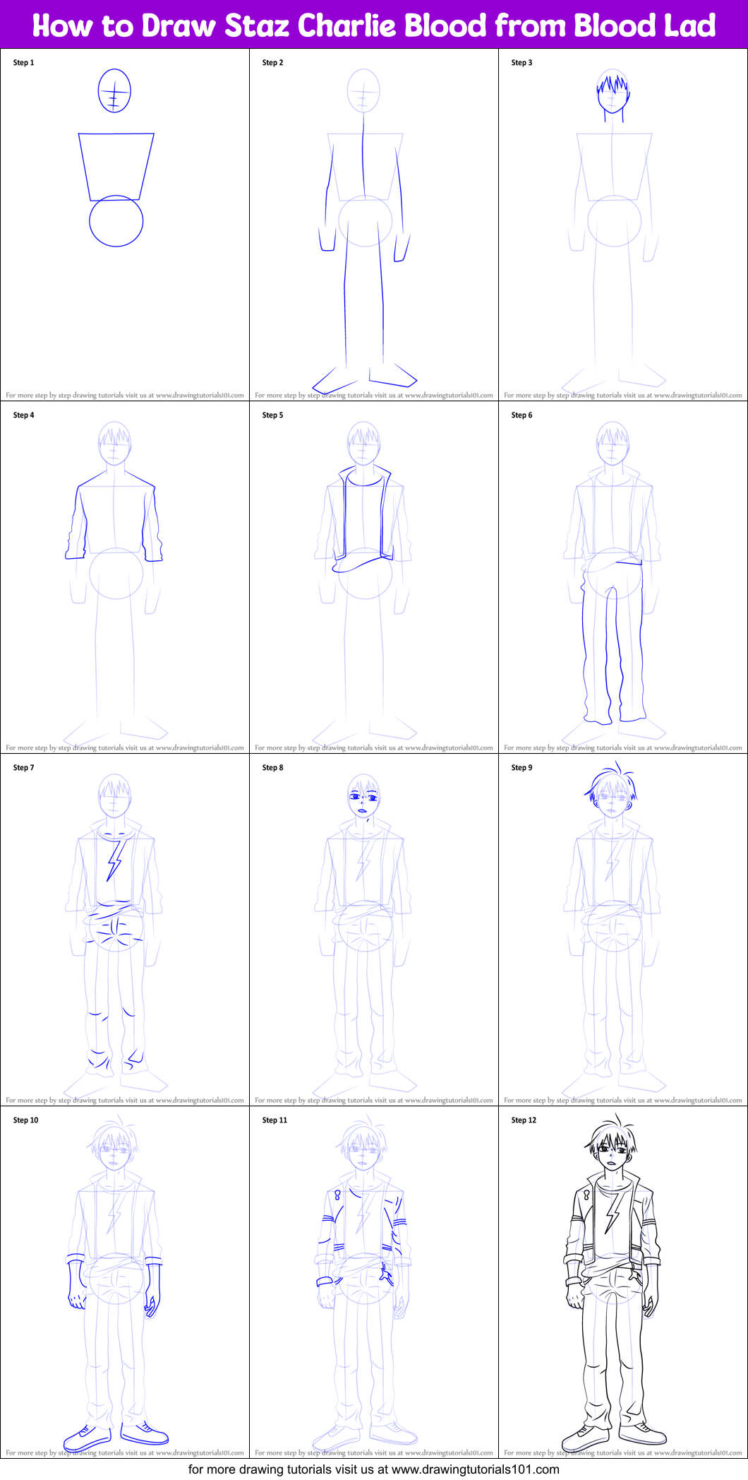 How to Draw Staz Charlie Blood from Blood Lad Printable Step by Step