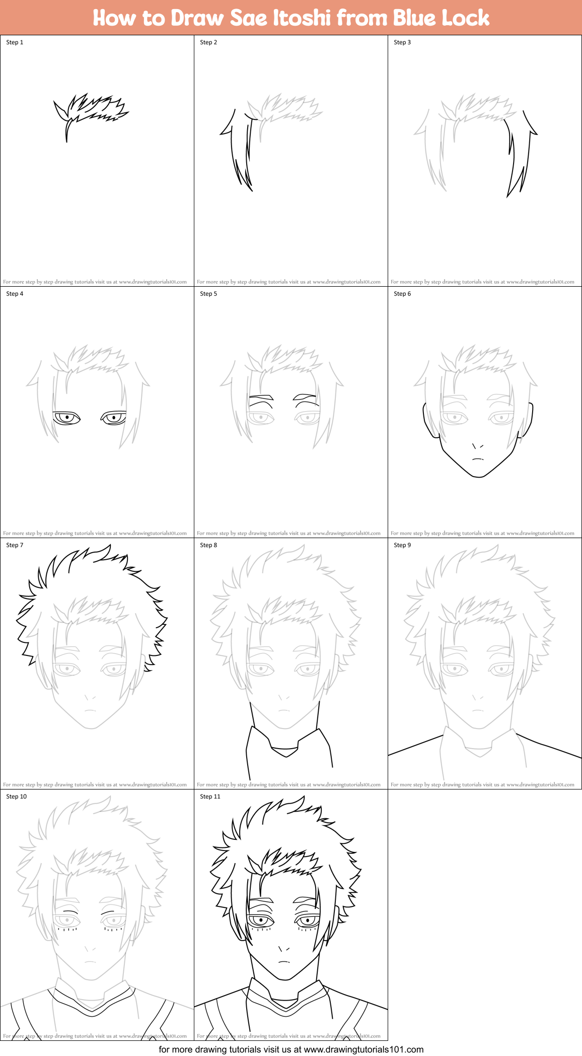 How to Draw Sae Itoshi from Blue Lock Printable Step by Step
