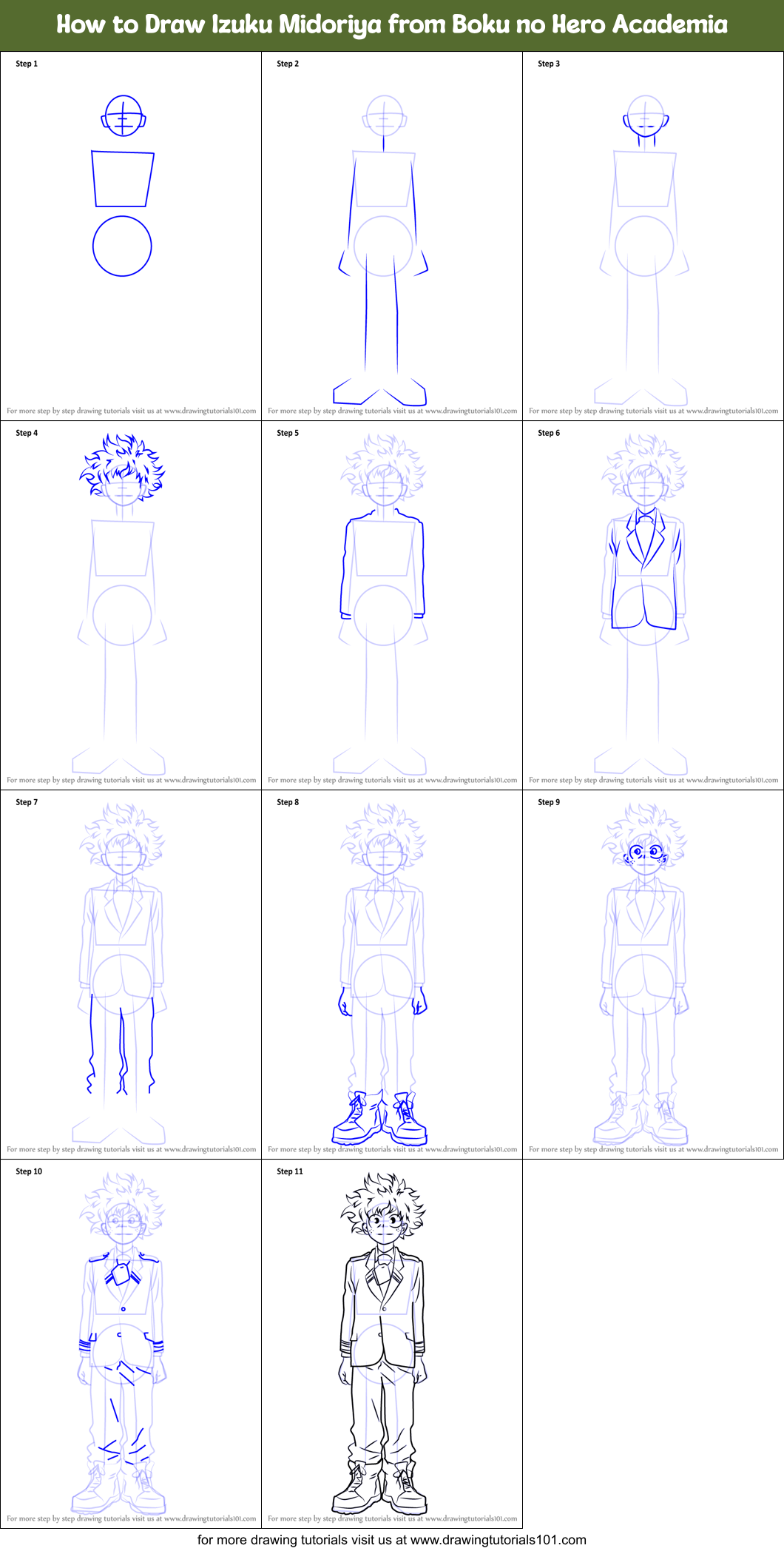 How to Draw Izuku Midoriya from Boku no Hero Academia Printable Step by Step