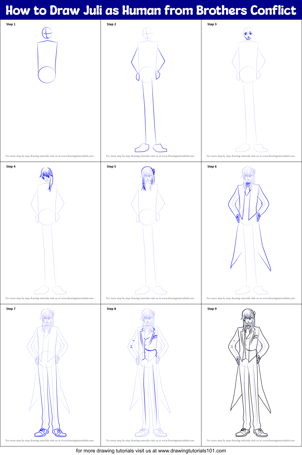 How to Draw Juli as Human from Brothers Conflict Printable Step by Step
