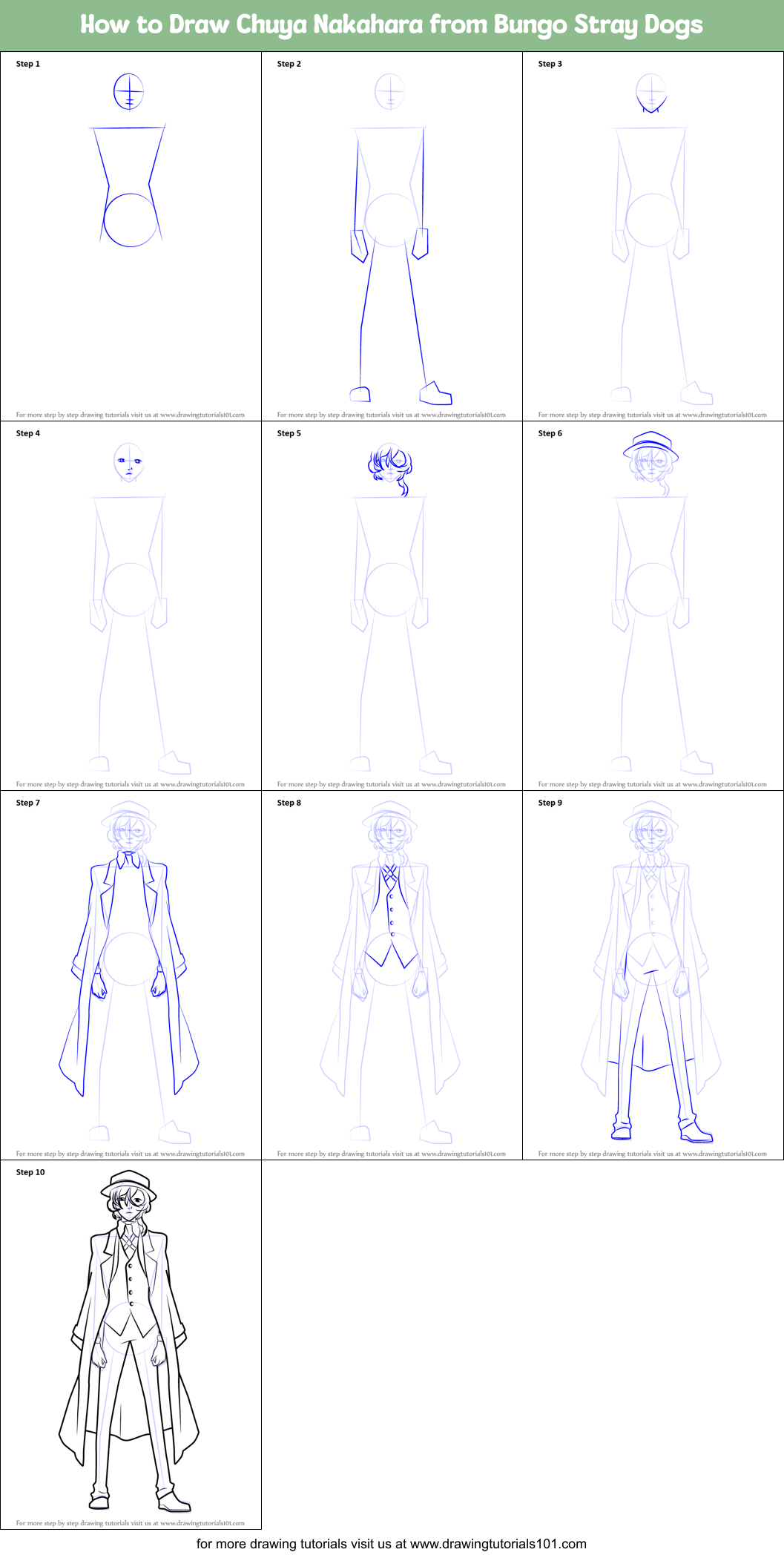 How to Draw Chuya Nakahara from Bungo Stray Dogs Printable Step by Step