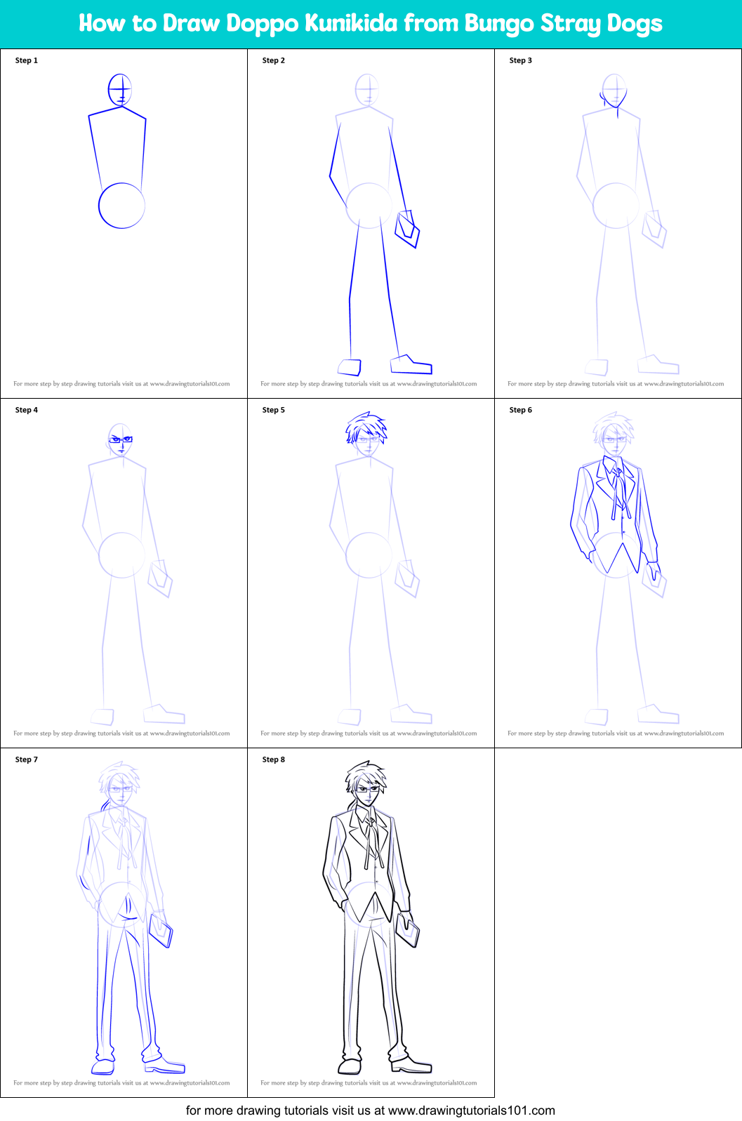 How to Draw Doppo Kunikida from Bungo Stray Dogs Printable Step by Step