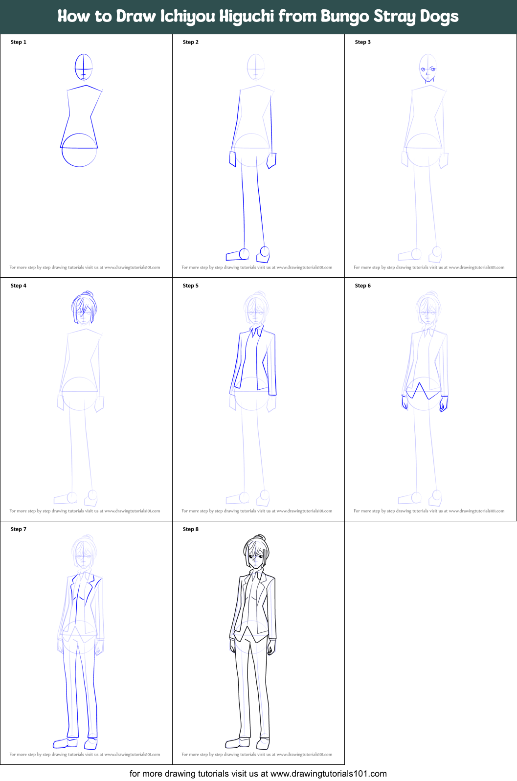 How to Draw Ichiyou Higuchi from Bungo Stray Dogs Printable Step by Step