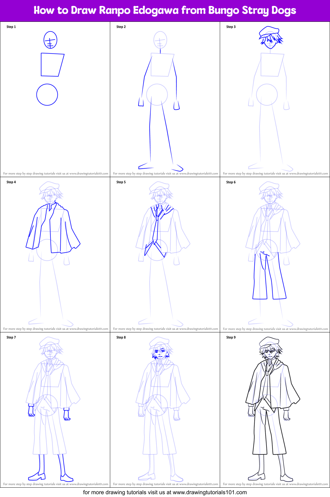 How to Draw Ranpo Edogawa from Bungo Stray Dogs Printable Step by Step