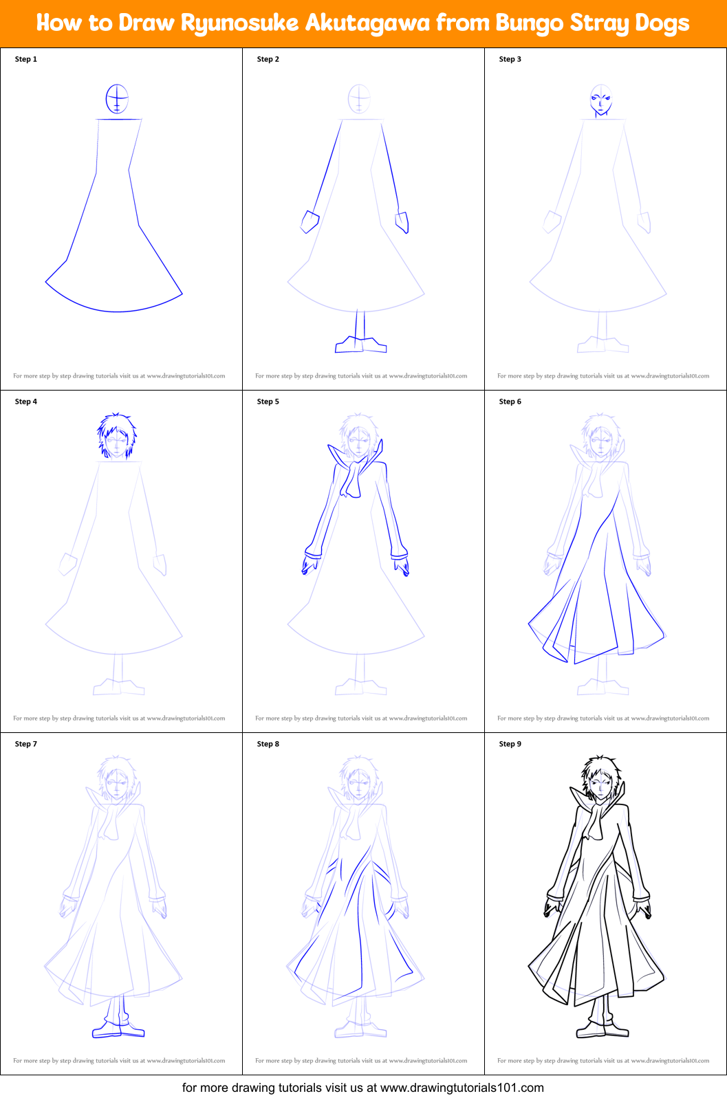 How to Draw Ryunosuke Akutagawa from Bungo Stray Dogs Printable Step by Step