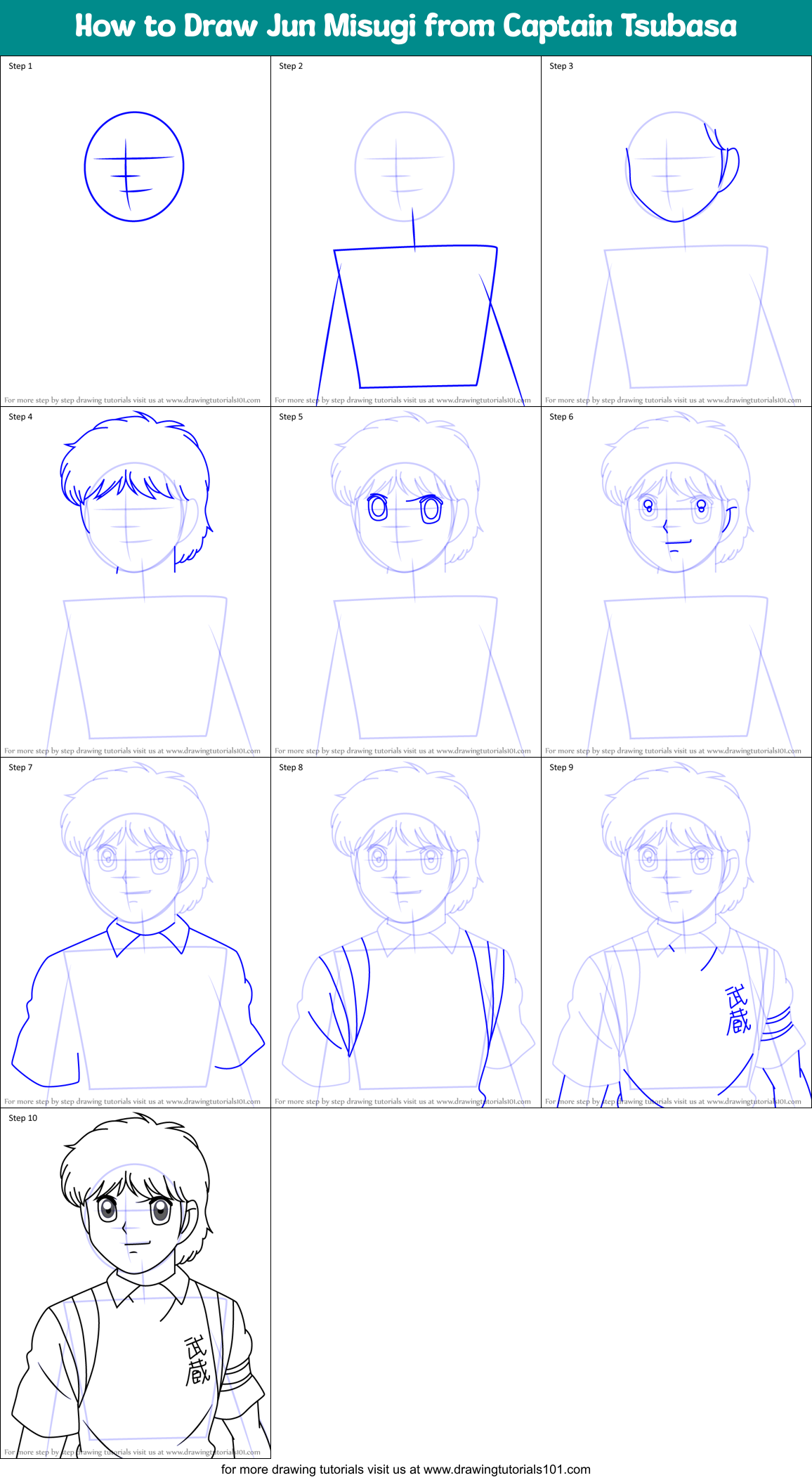 How to Draw Jun Misugi from Captain Tsubasa Printable Step by Step