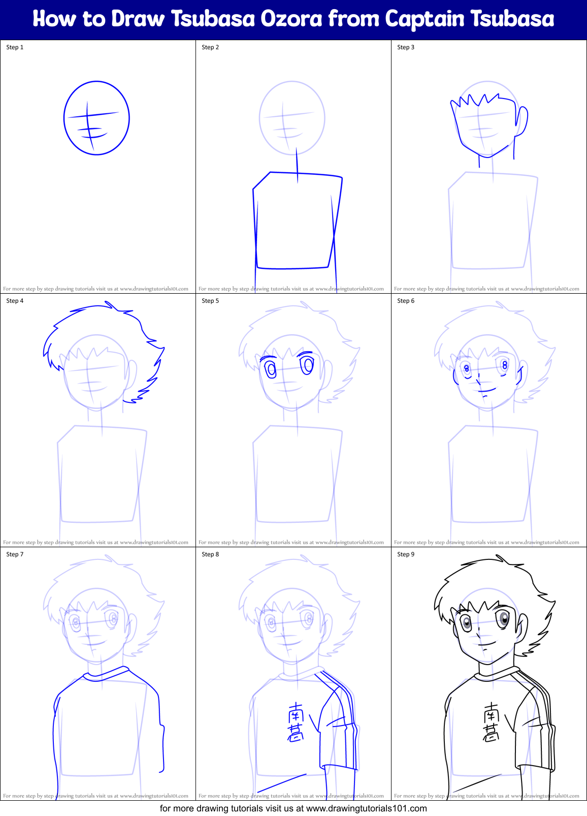 How to Draw Tsubasa Ozora from Captain Tsubasa Printable Step by Step