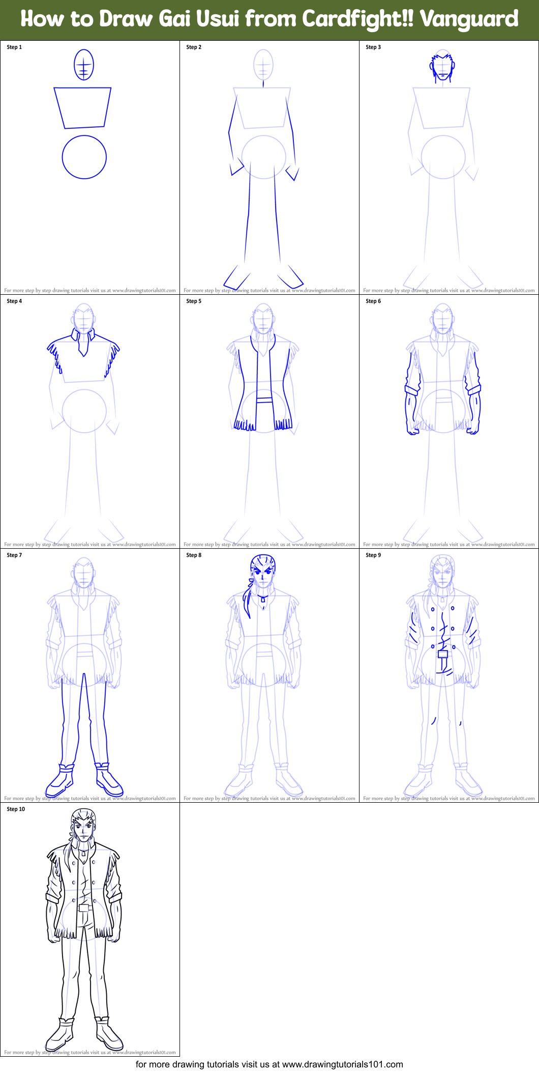 How to Draw Gai Usui from Cardfight!! Vanguard Printable Step by Step