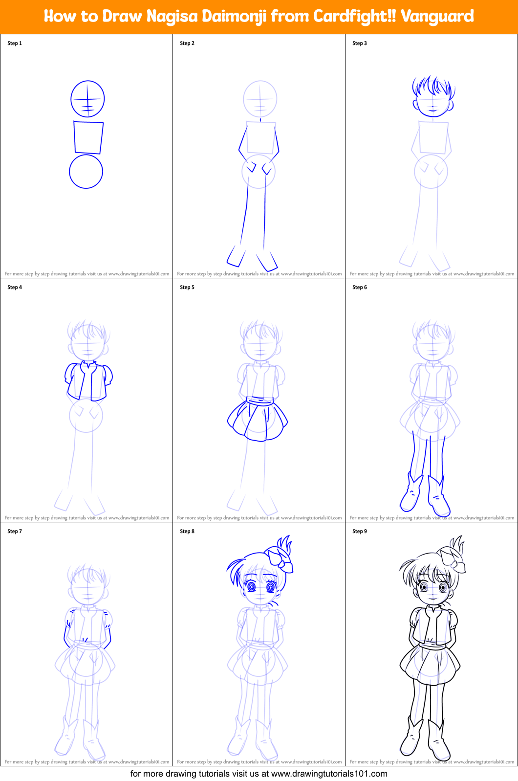 How to Draw Nagisa Daimonji from Cardfight!! Vanguard Printable Step by Step