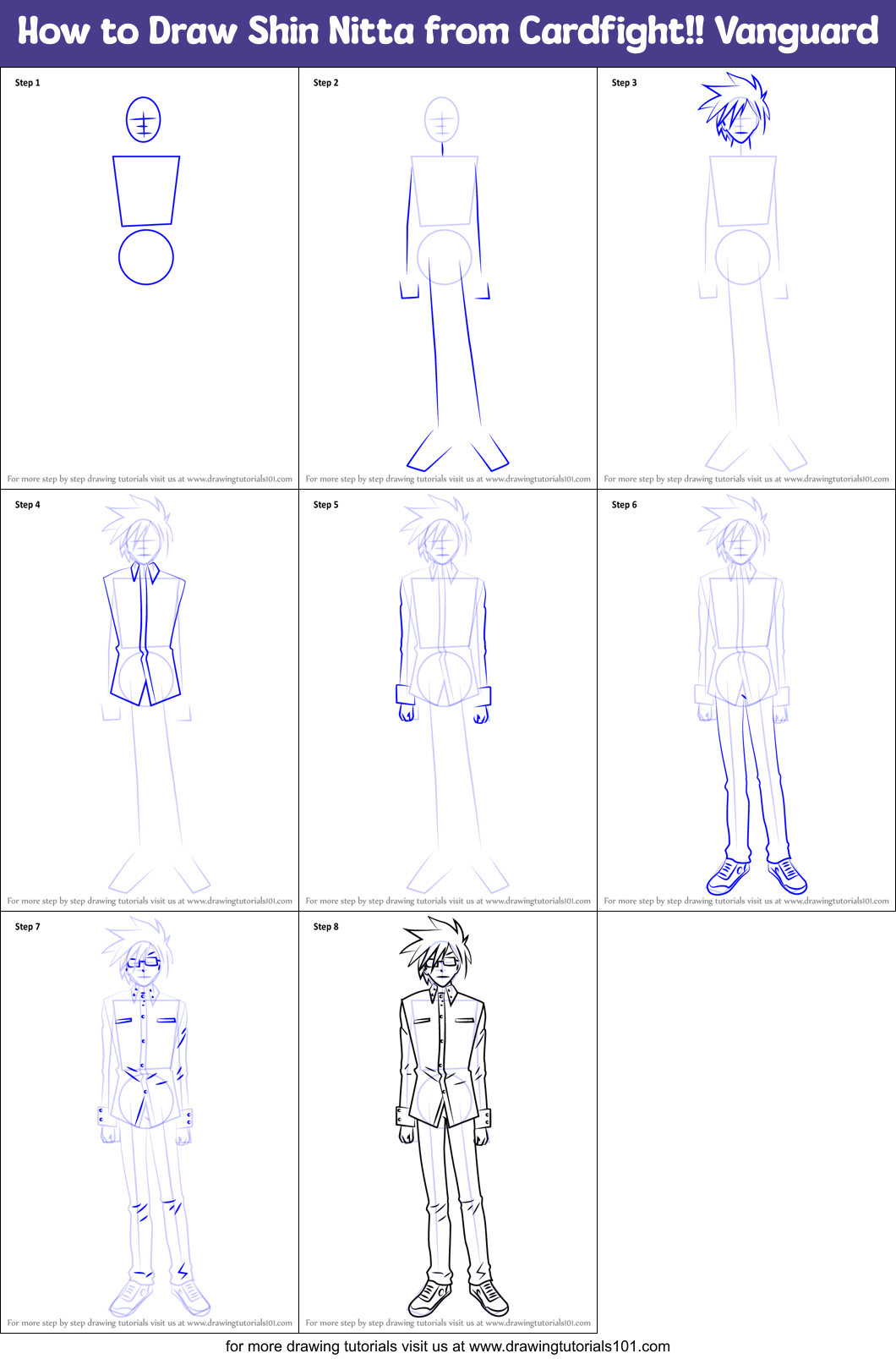 How to Draw Shin Nitta from Cardfight!! Vanguard Printable Step by Step