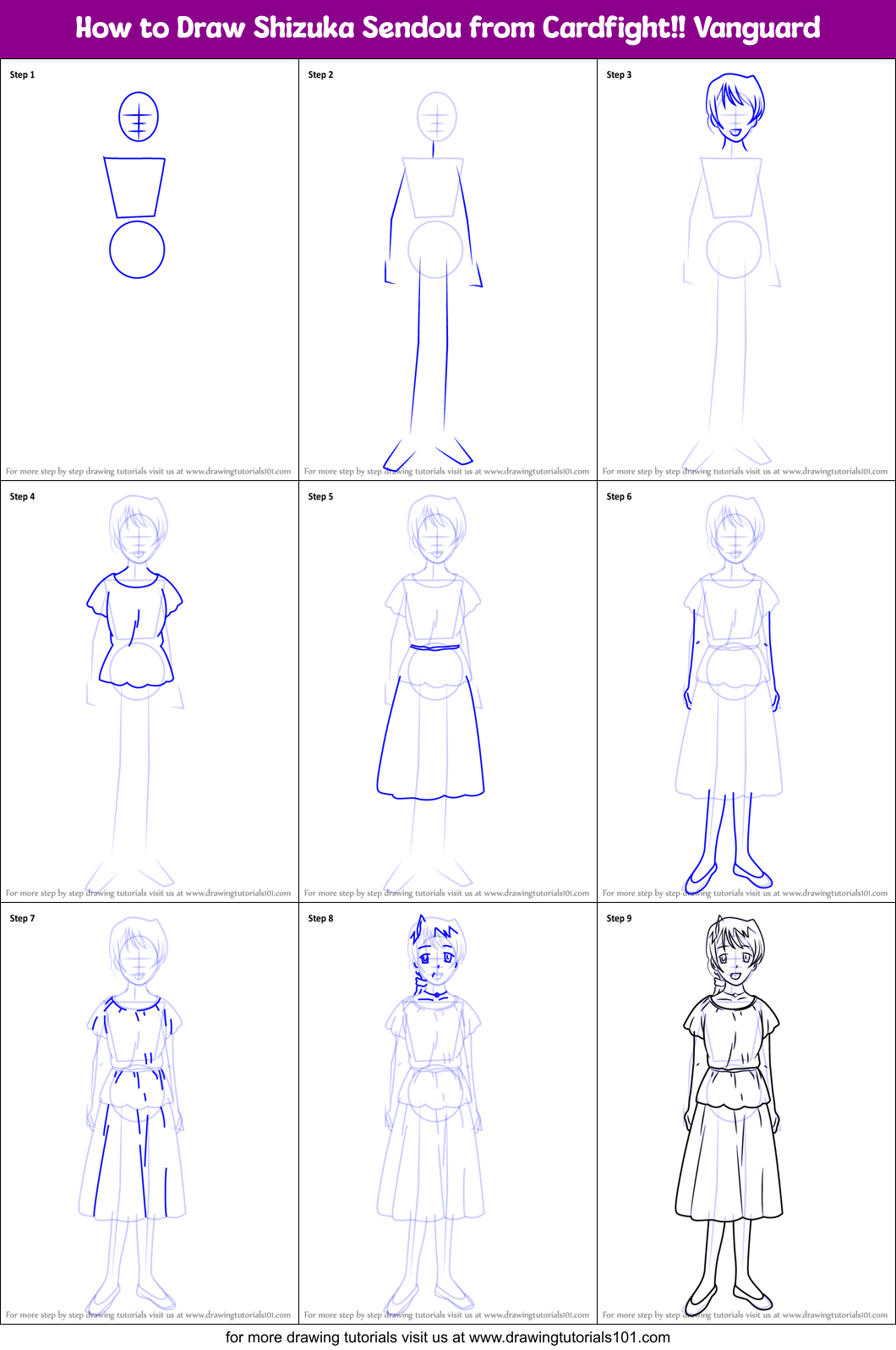 How to Draw Shizuka Sendou from Cardfight!! Vanguard Printable Step by Step