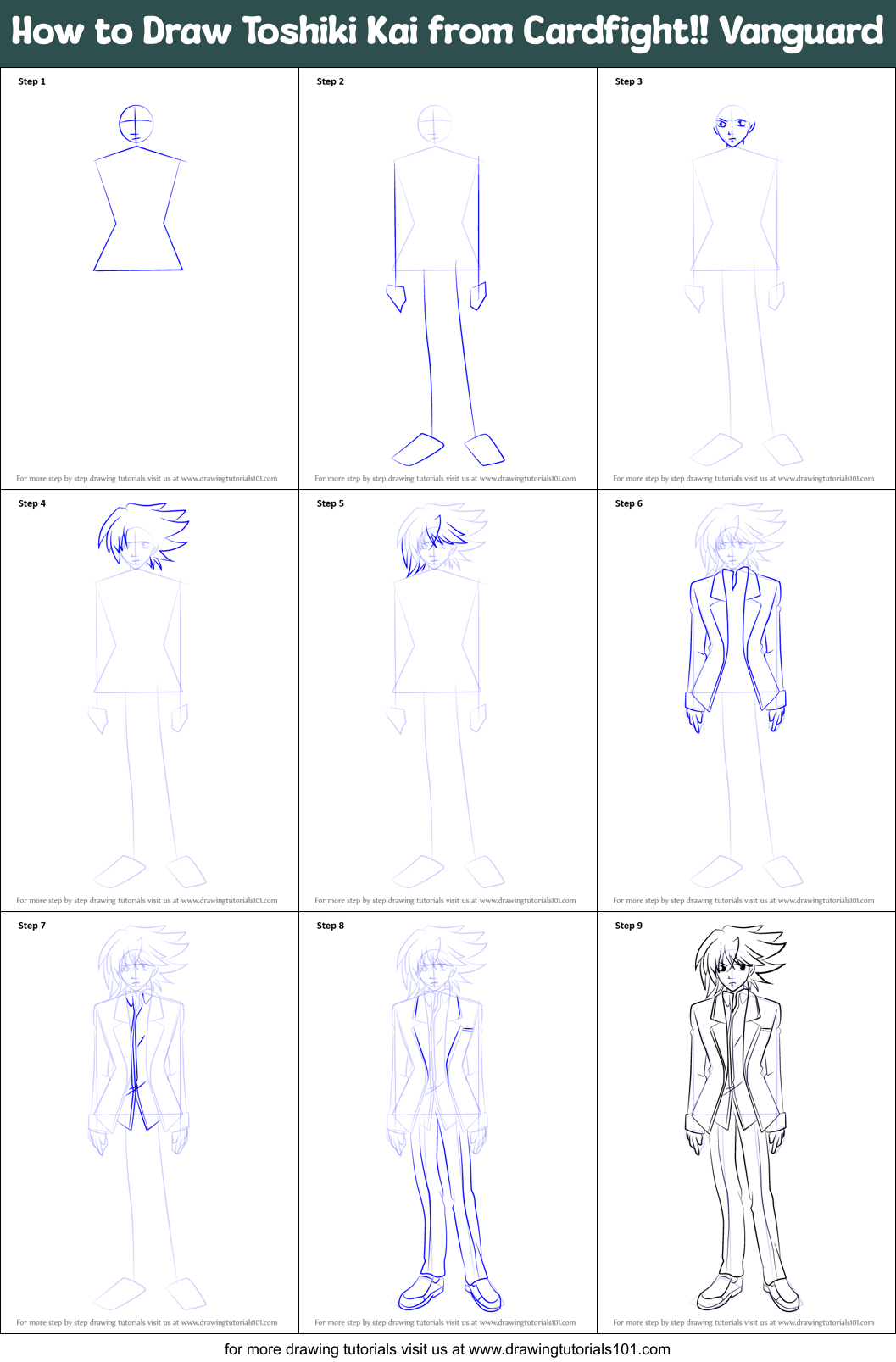 How to Draw Toshiki Kai from Cardfight!! Vanguard Printable Step by Step