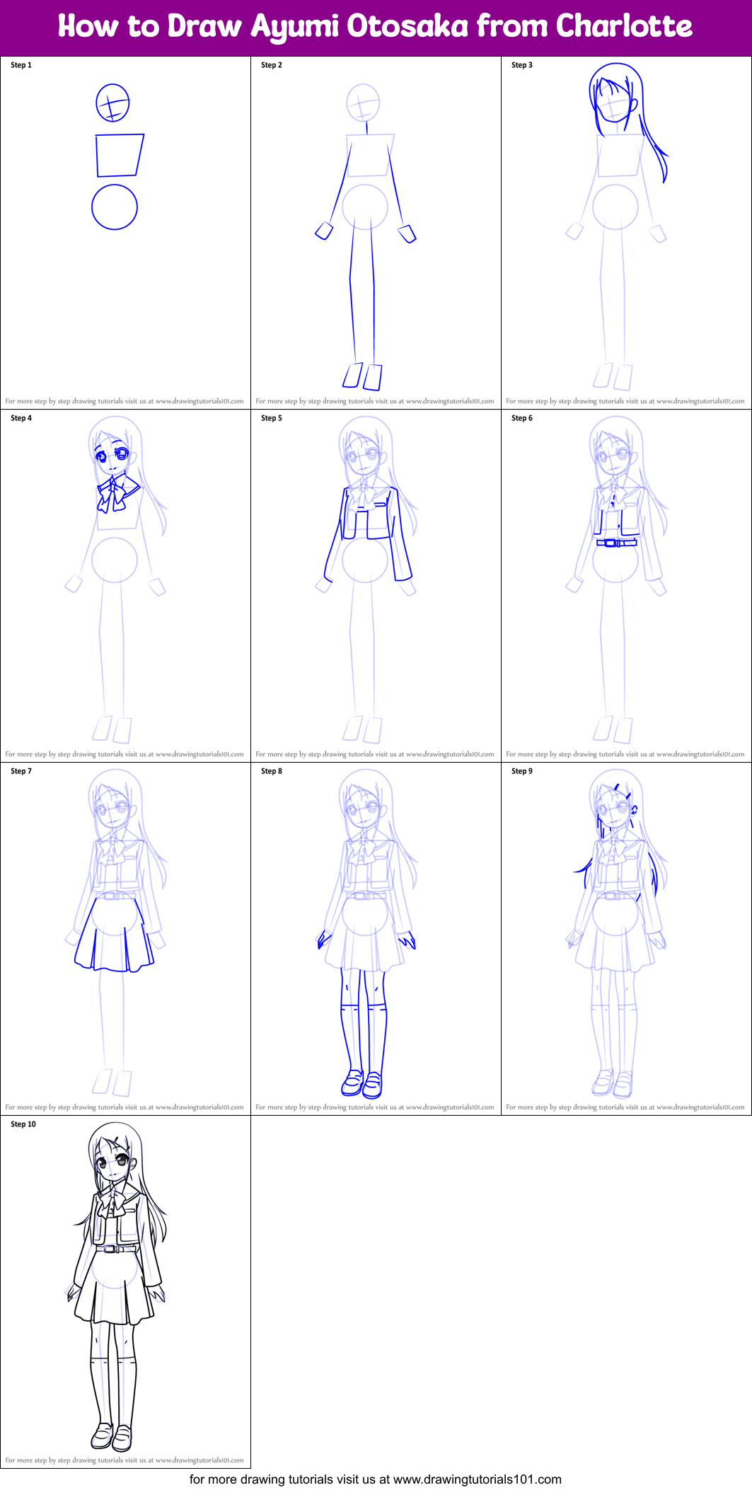 How to Draw Ayumi Otosaka from Charlotte Printable Step by Step