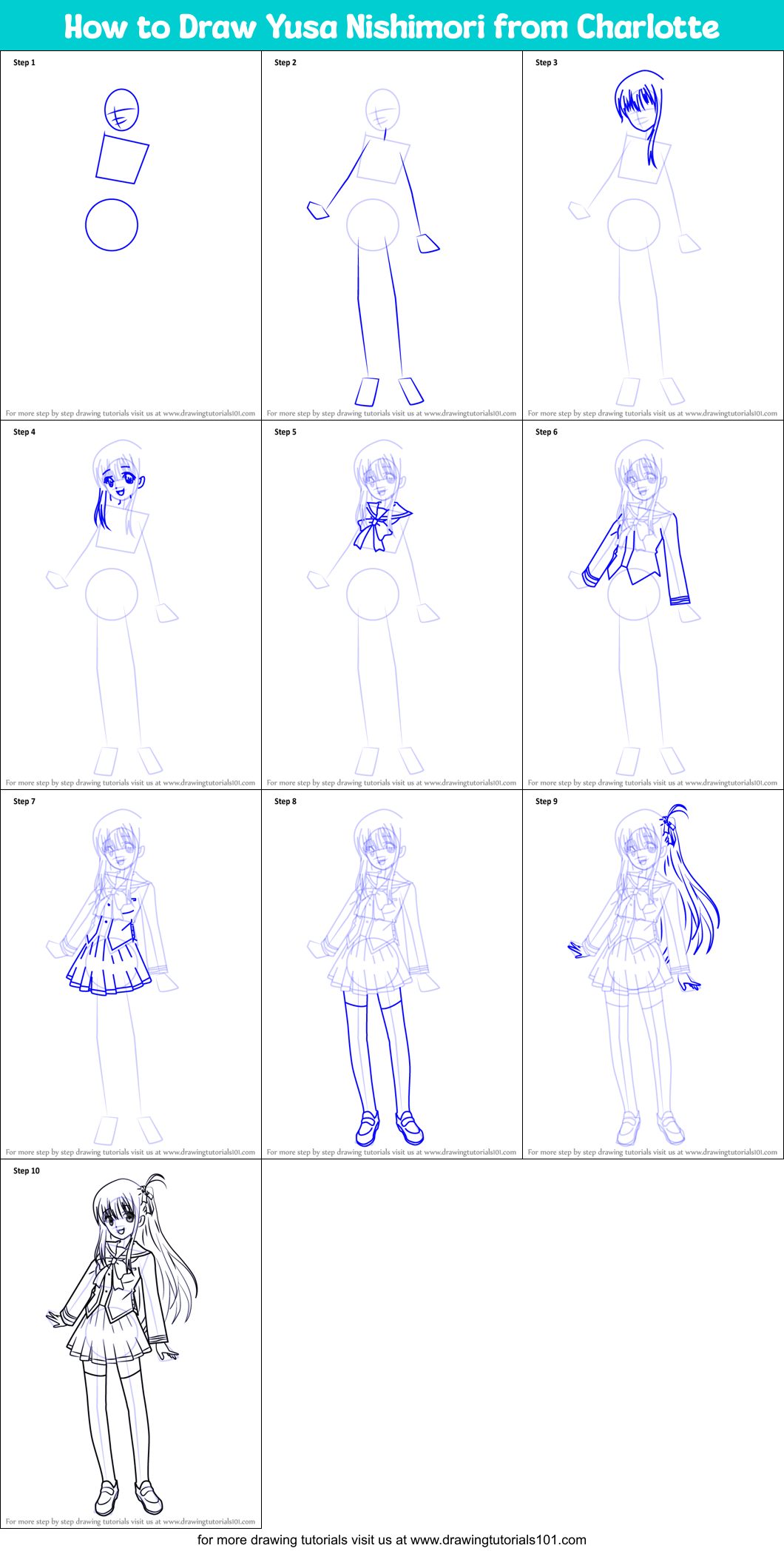 How to Draw Yusa Nishimori from Charlotte Printable Step by Step