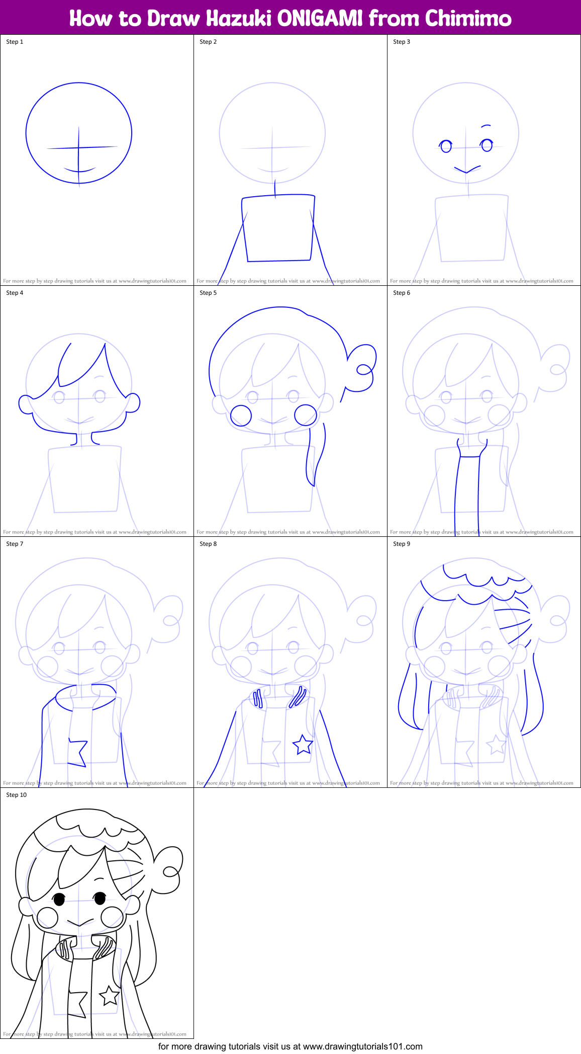 How to Draw Hazuki ONIGAMI from Chimimo Printable Step by Step