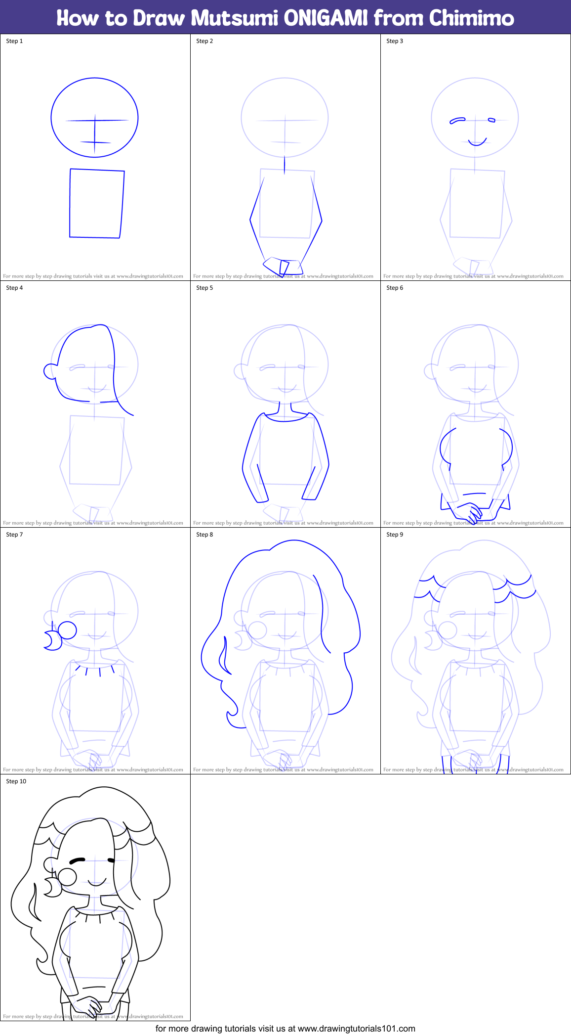 How to Draw Mutsumi ONIGAMI from Chimimo Printable Step by Step