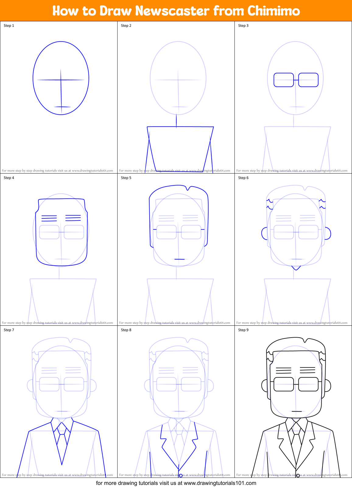 How to Draw Newscaster from Chimimo Printable Step by Step