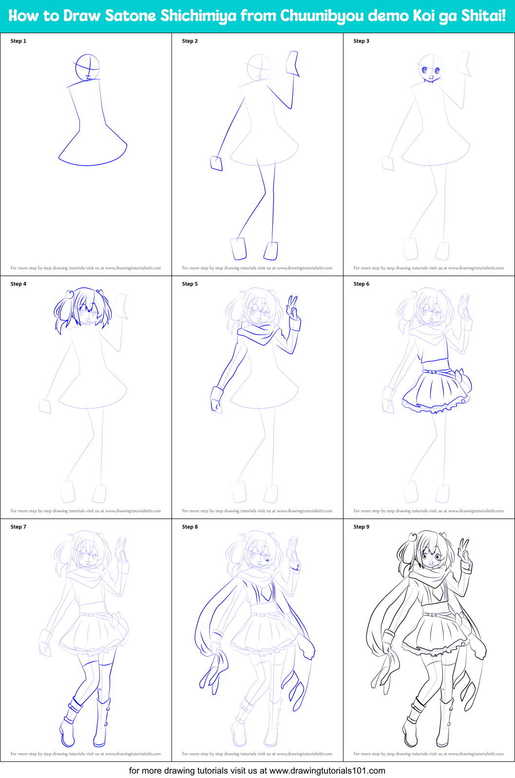 How to Draw Satone Shichimiya from Chuunibyou demo Koi ga Shitai! Printable Step by Step