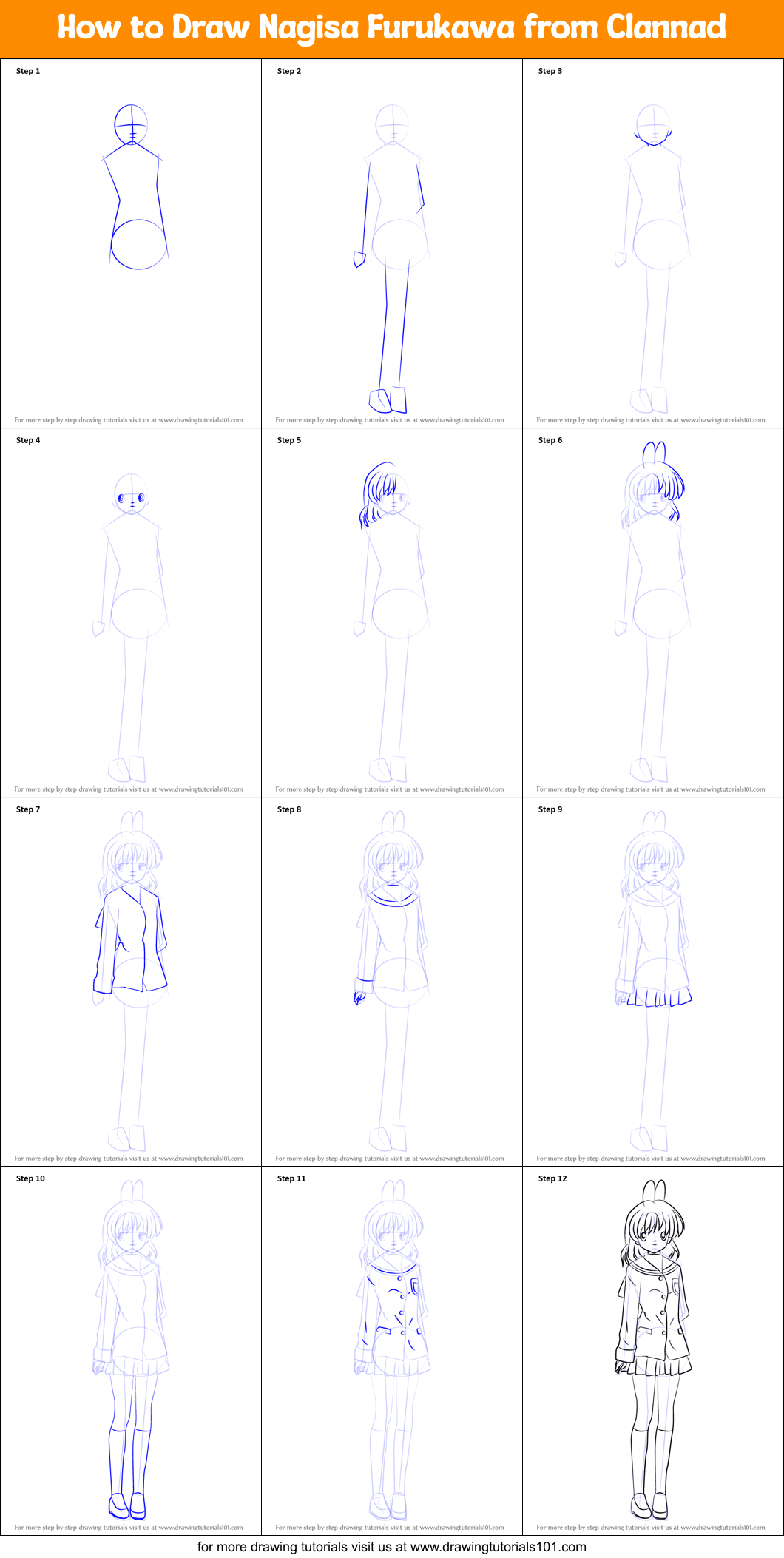 How to Draw Nagisa Furukawa from Clannad Printable Step by Step