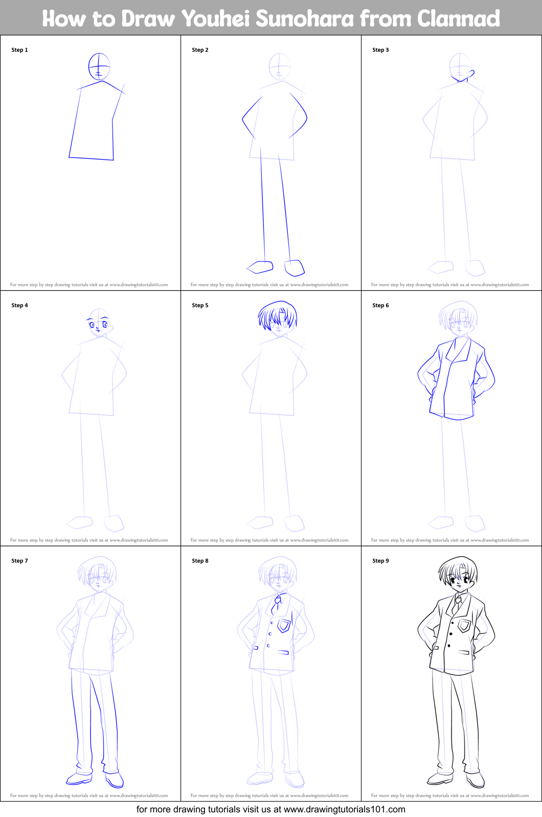 How to Draw Youhei Sunohara from Clannad Printable Step by Step