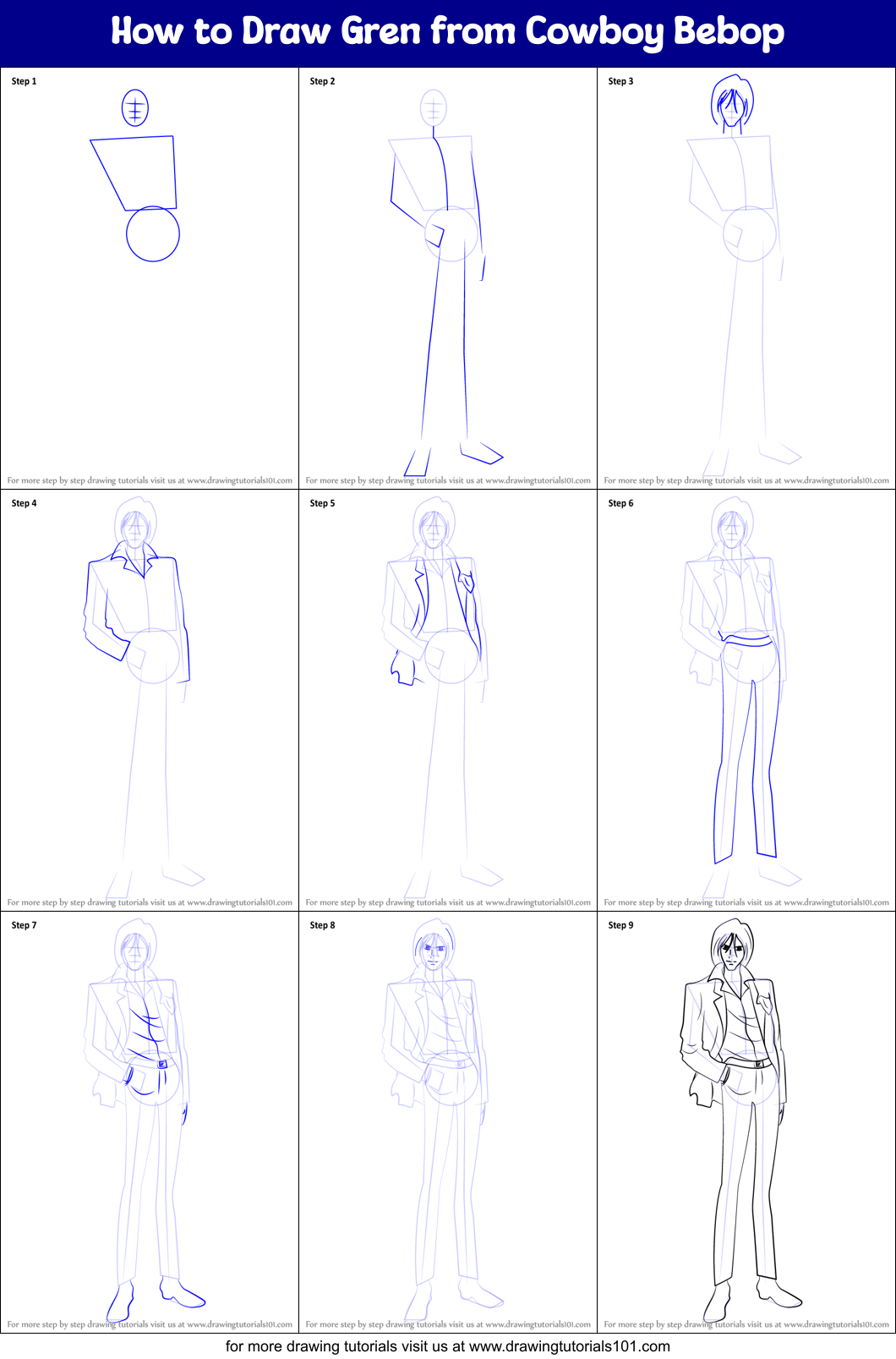 How to Draw Gren from Cowboy Bebop Printable Step by Step