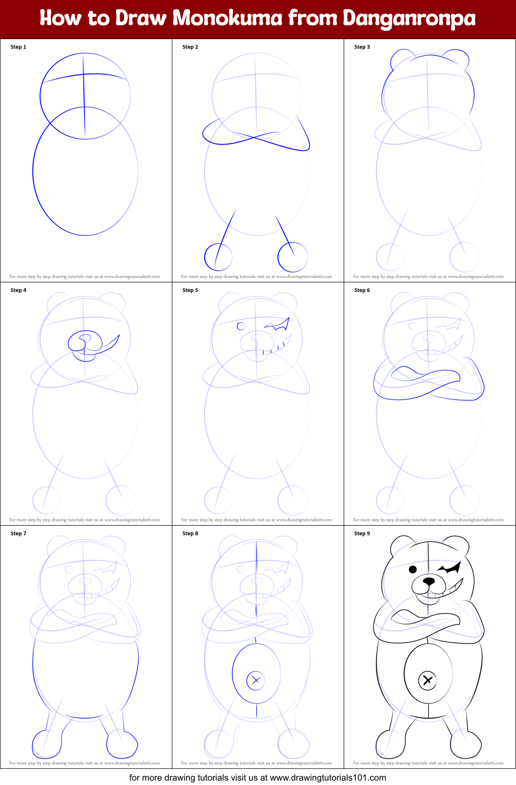 How to Draw Monokuma from Danganronpa Printable Step by Step