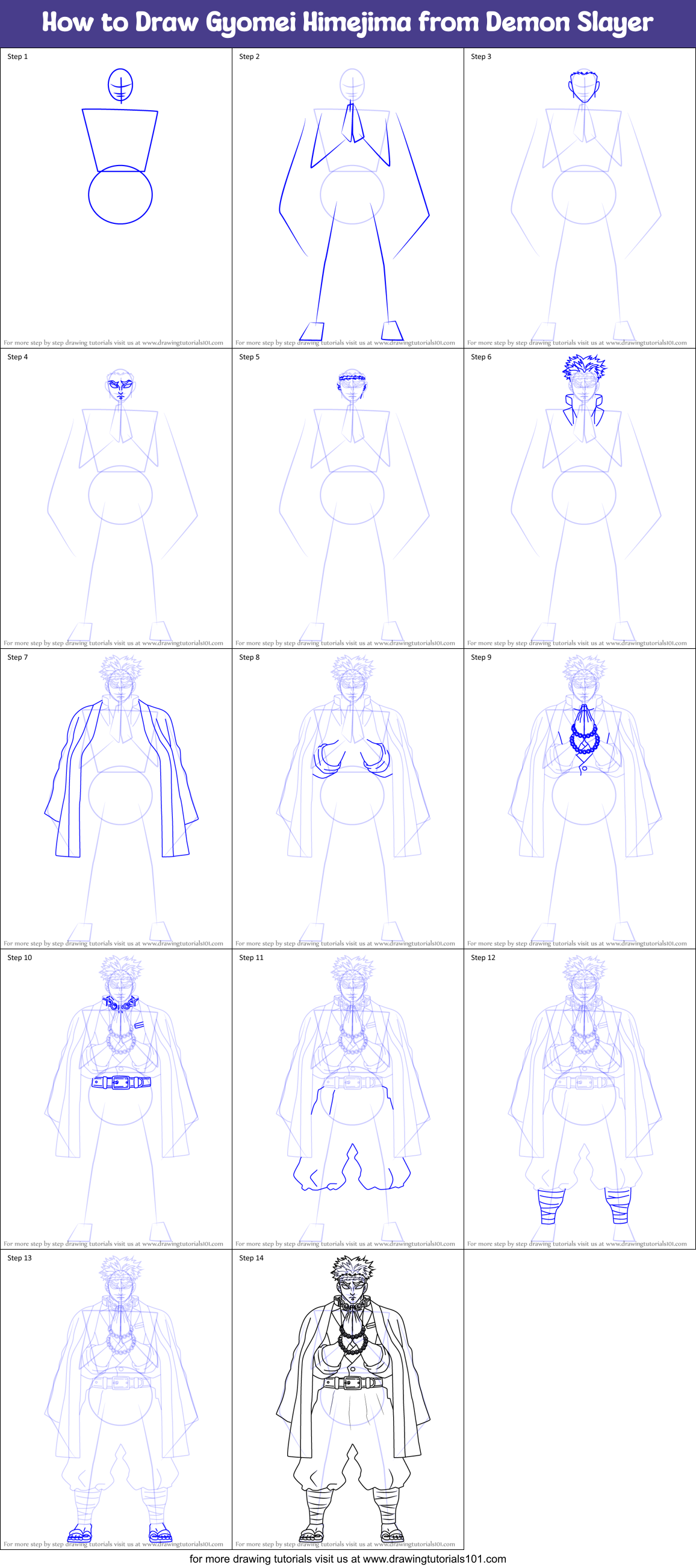How to Draw Gyomei Himejima from Demon Slayer Printable Step by Step