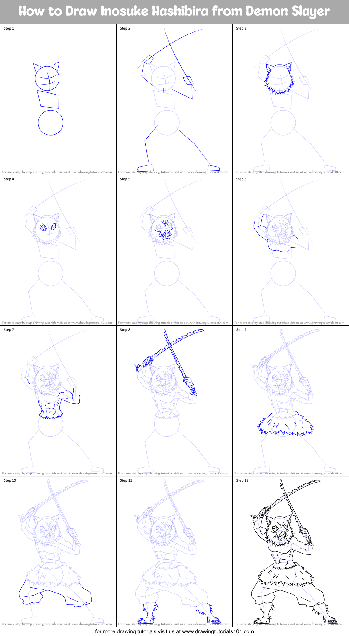 How to Draw Inosuke Hashibira from Demon Slayer Printable Step by Step