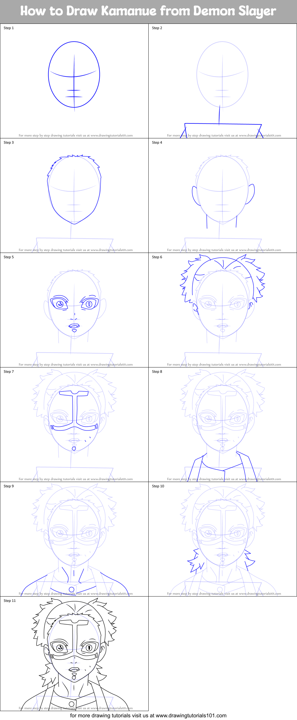 How to Draw Kamanue from Demon Slayer Printable Step by Step