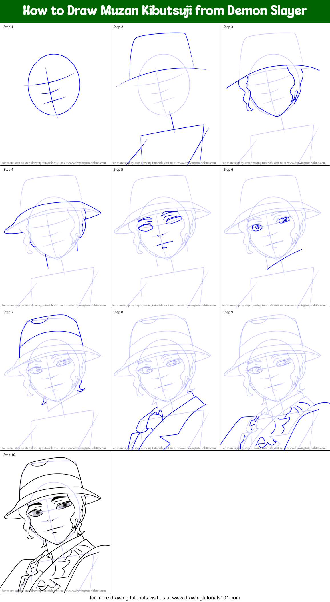 How to Draw Muzan Kibutsuji from Demon Slayer Printable Step by Step