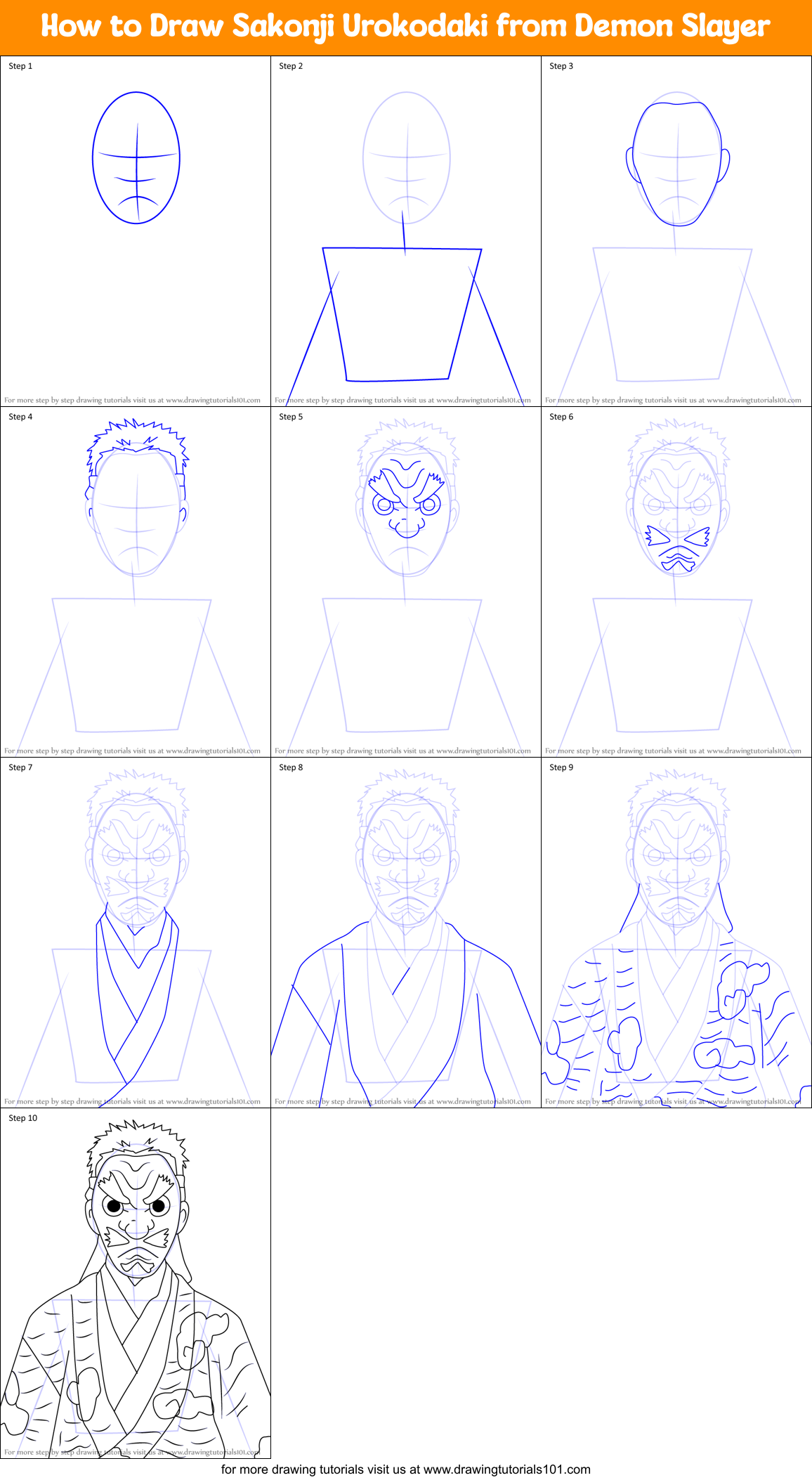 How to Draw Sakonji Urokodaki from Demon Slayer Printable Step by Step