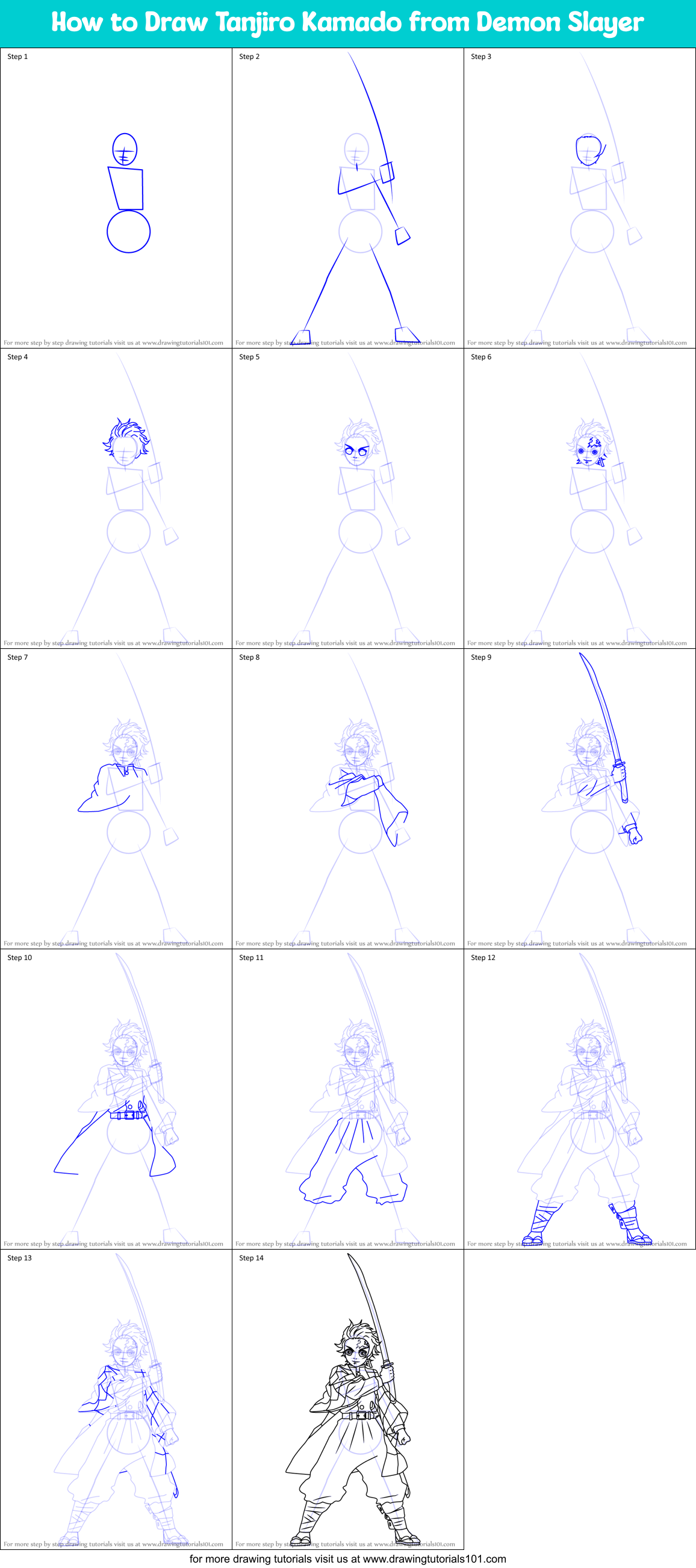 tanjiro demon slayer draw kamado drawing step anime manga printable tutorials drawingtutorials101 sheet