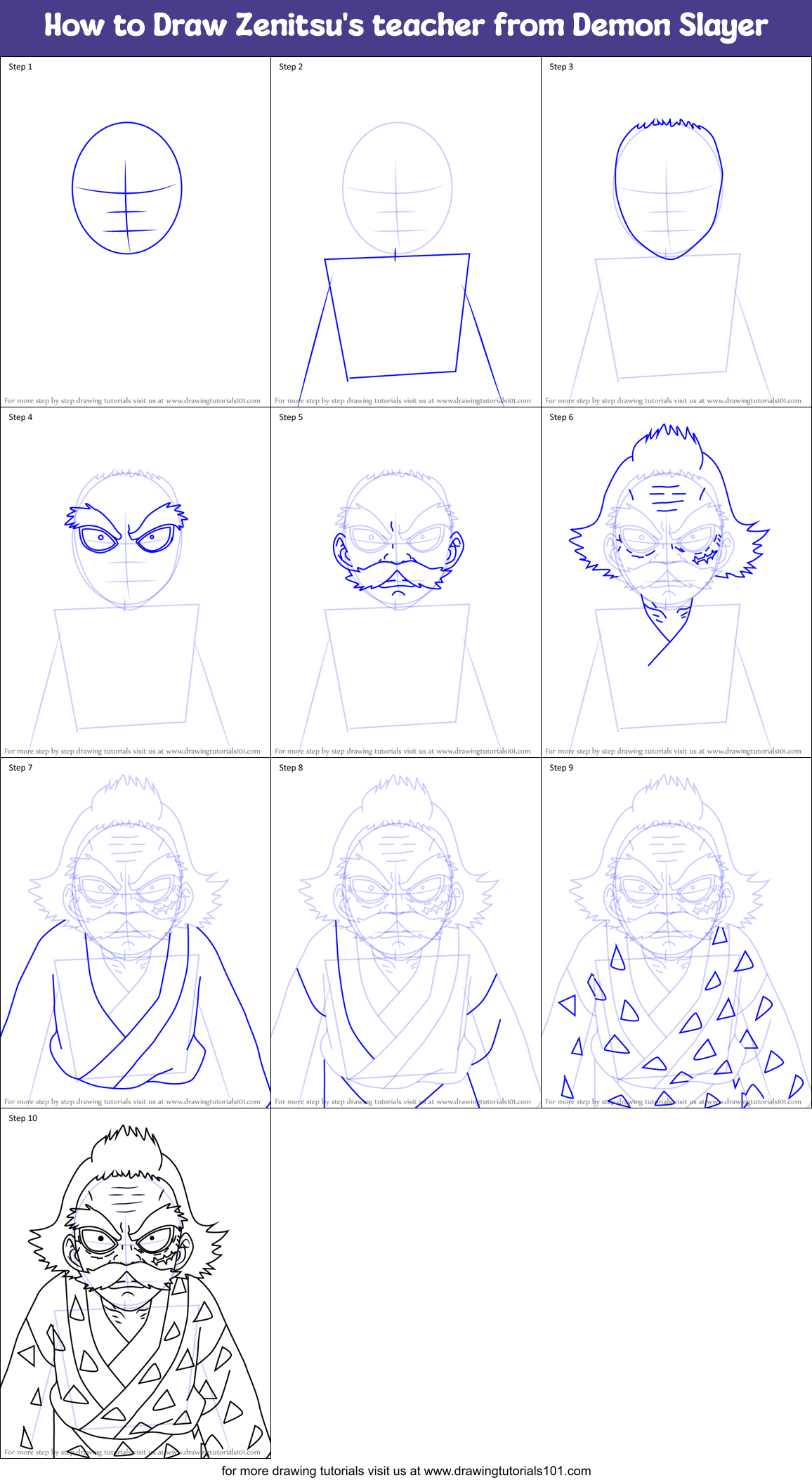 How to Draw Zenitsu's teacher from Demon Slayer Printable Step by Step