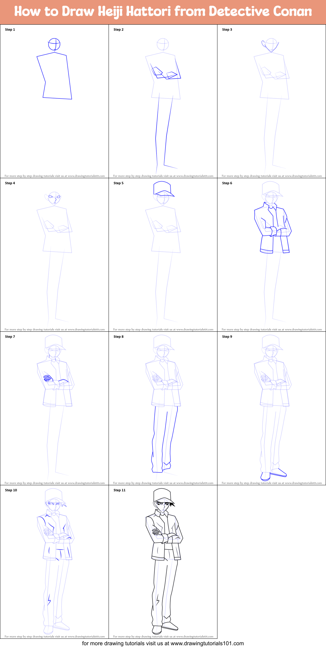 How to Draw Heiji Hattori from Detective Conan Printable Step by Step