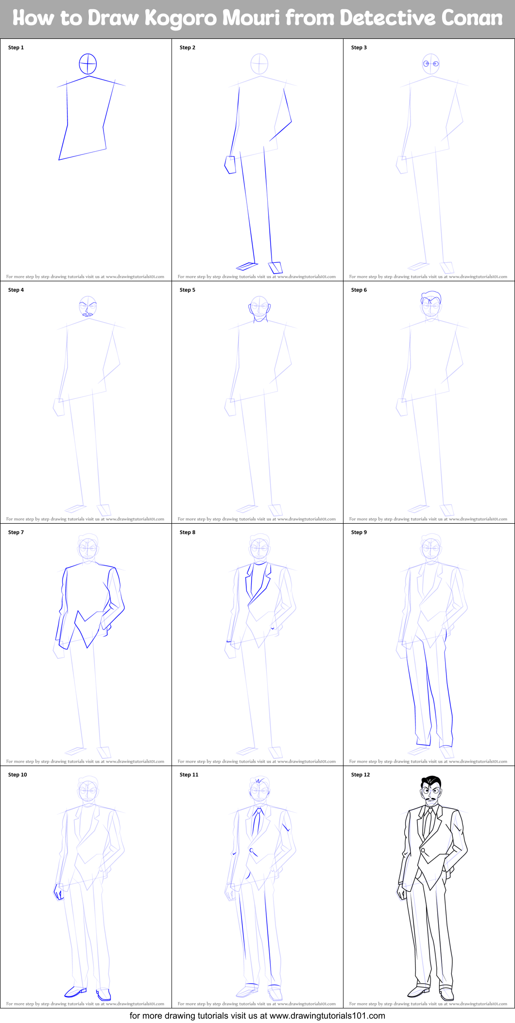 How to Draw Kogoro Mouri from Detective Conan Printable Step by Step