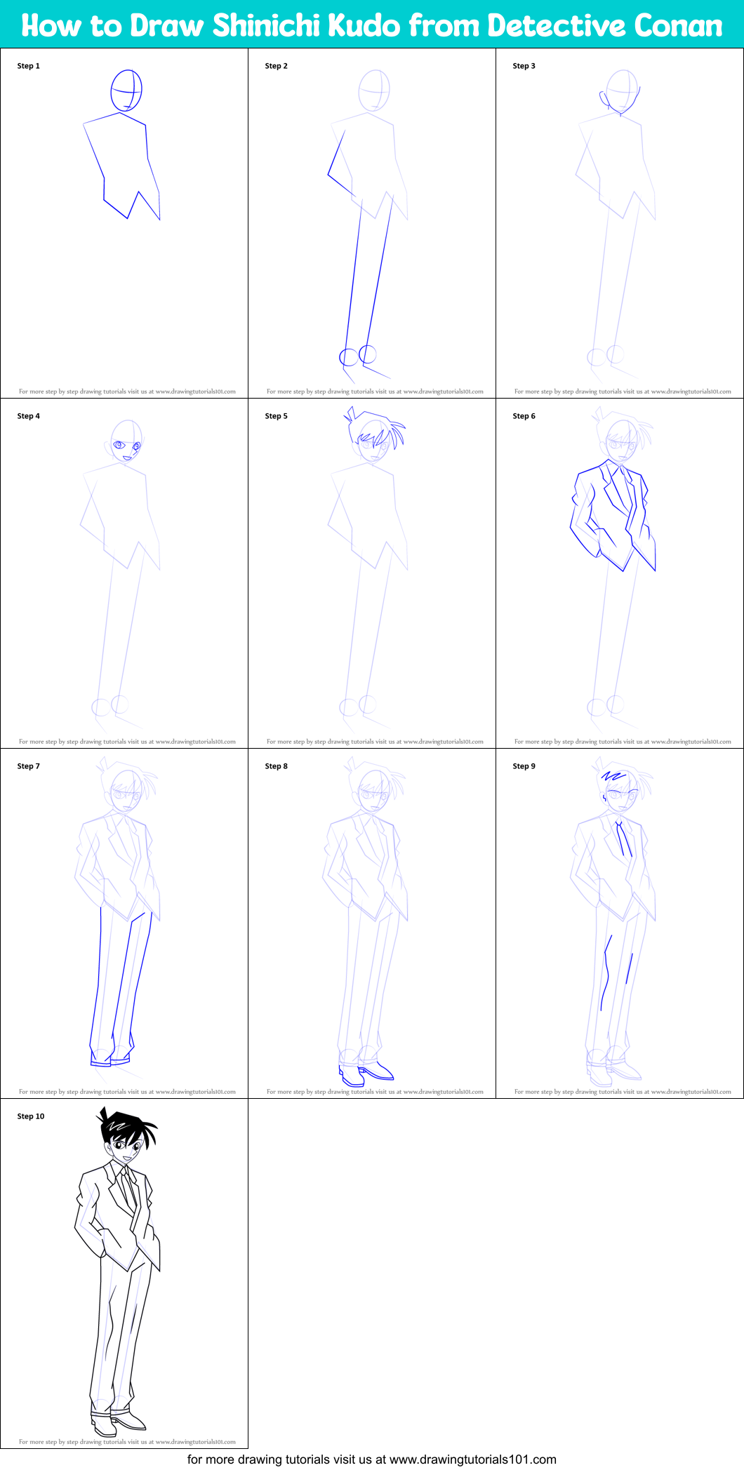 How to Draw Shinichi Kudo from Detective Conan Printable Step by Step