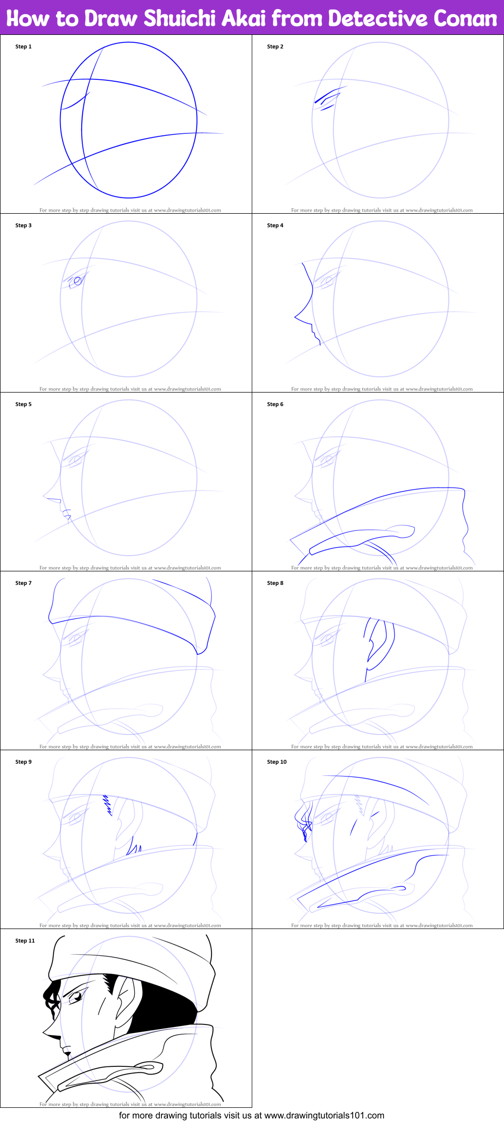 How to Draw Shuichi Akai from Detective Conan Printable Step by Step