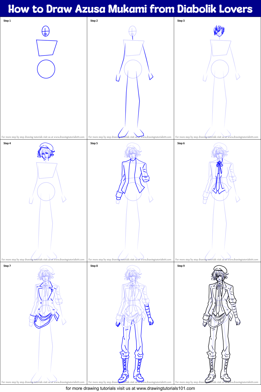 How to Draw Azusa Mukami from Diabolik Lovers Printable Step by Step