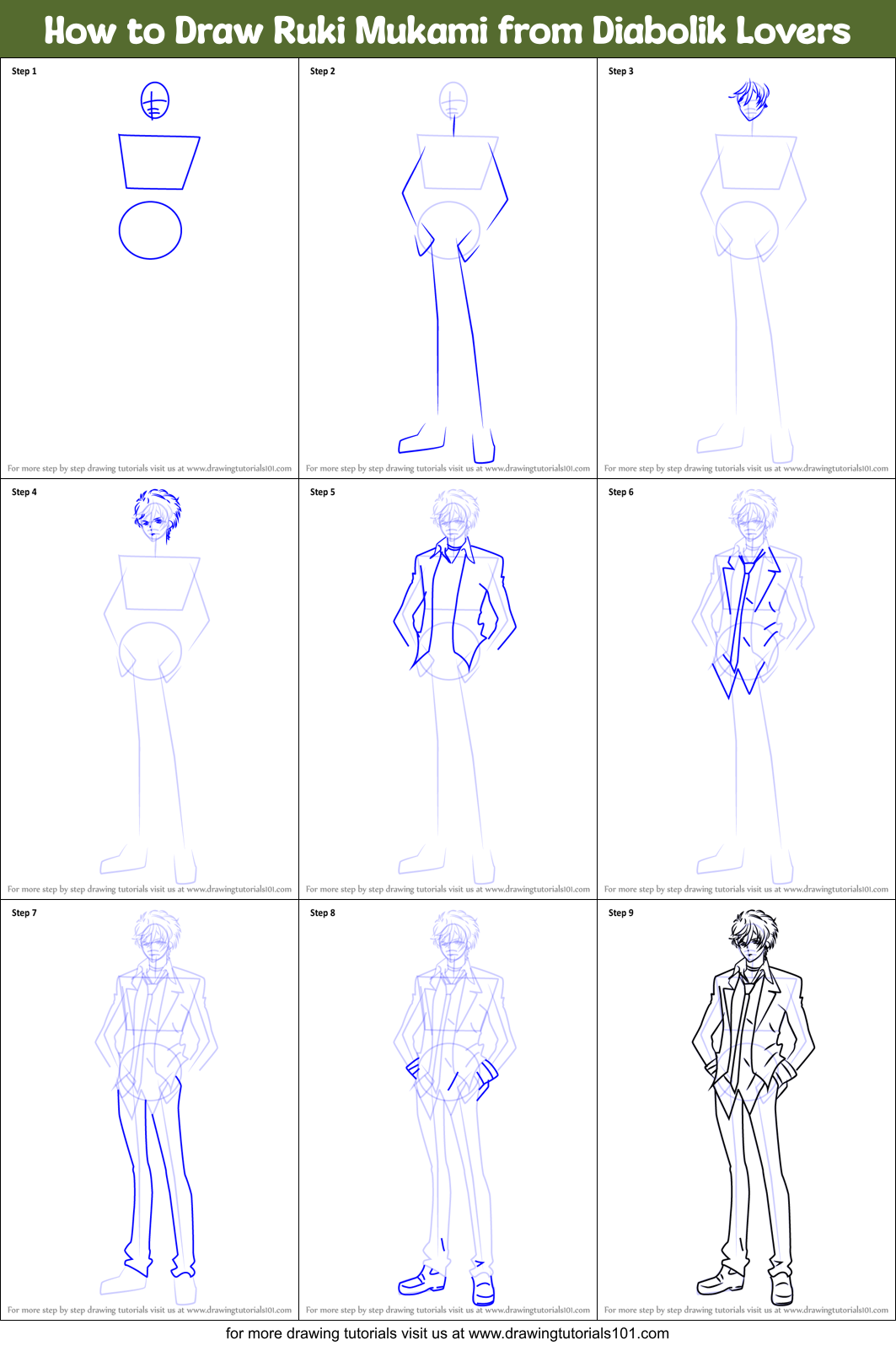 How to Draw Ruki Mukami from Diabolik Lovers Printable Step by Step