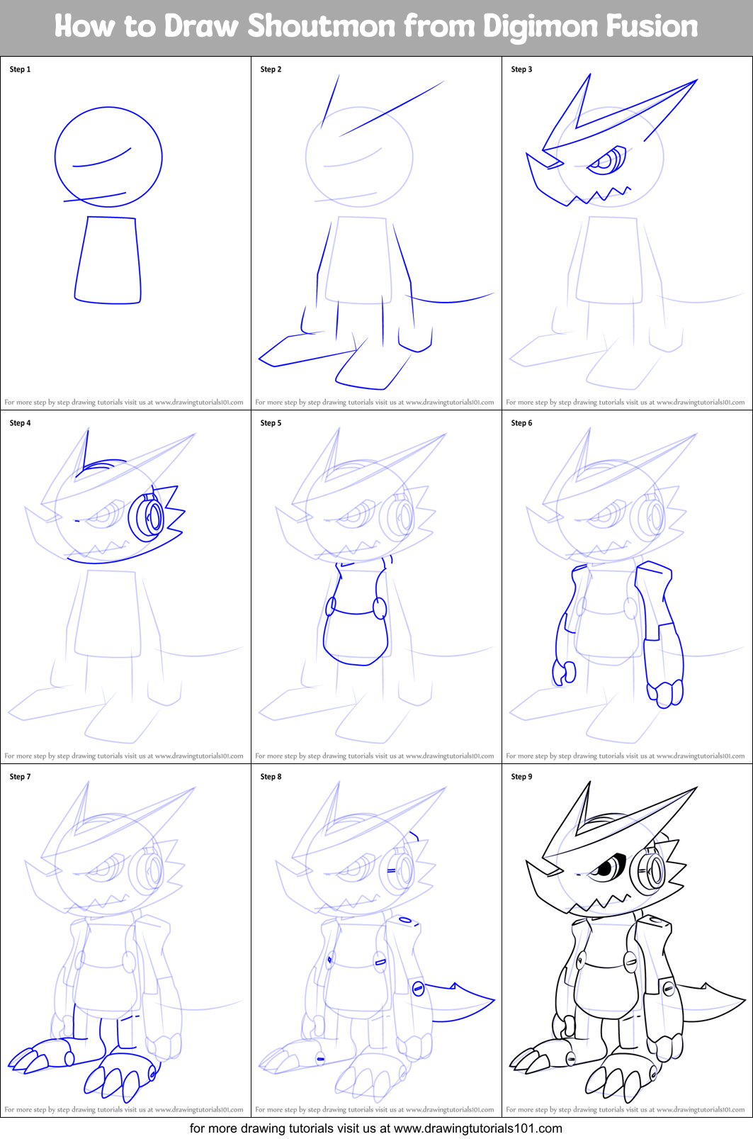 How to Draw Shoutmon from Digimon Fusion Printable Step by Step