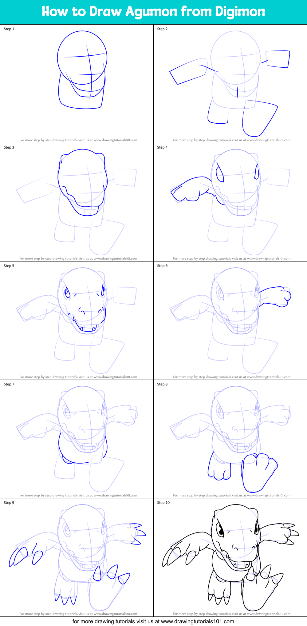 How to Draw Agumon from Digimon Printable Step by Step