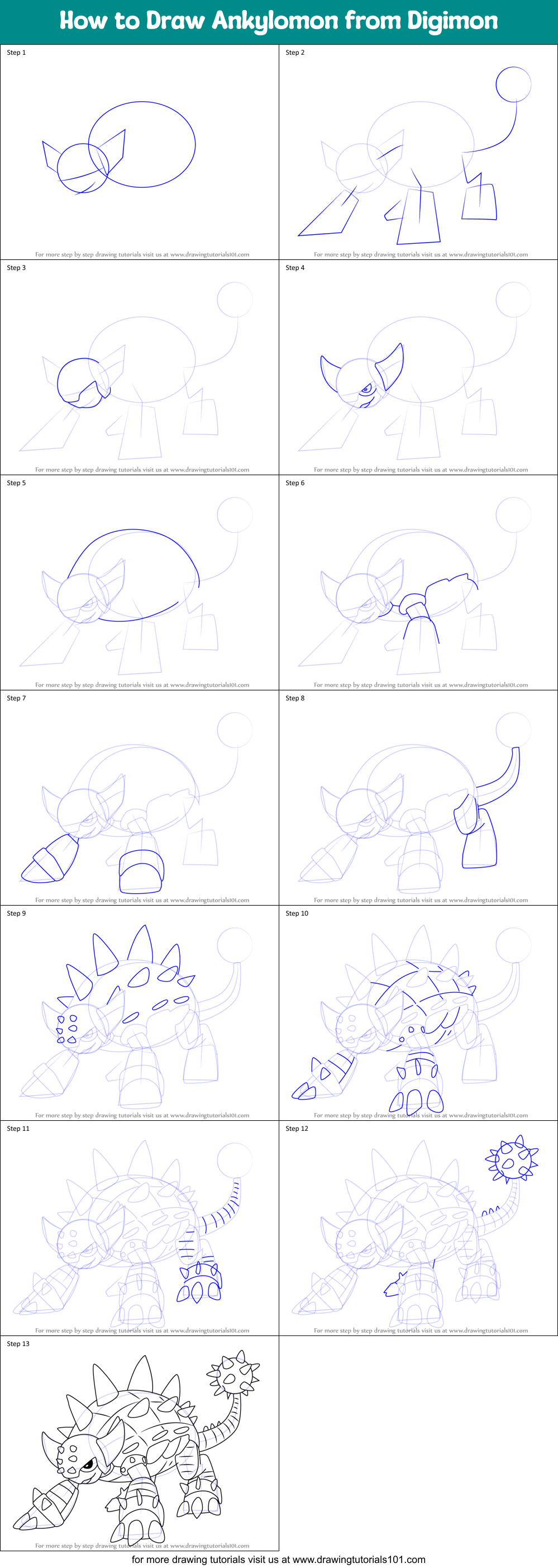 How to Draw Ankylomon from Digimon Printable Step by Step