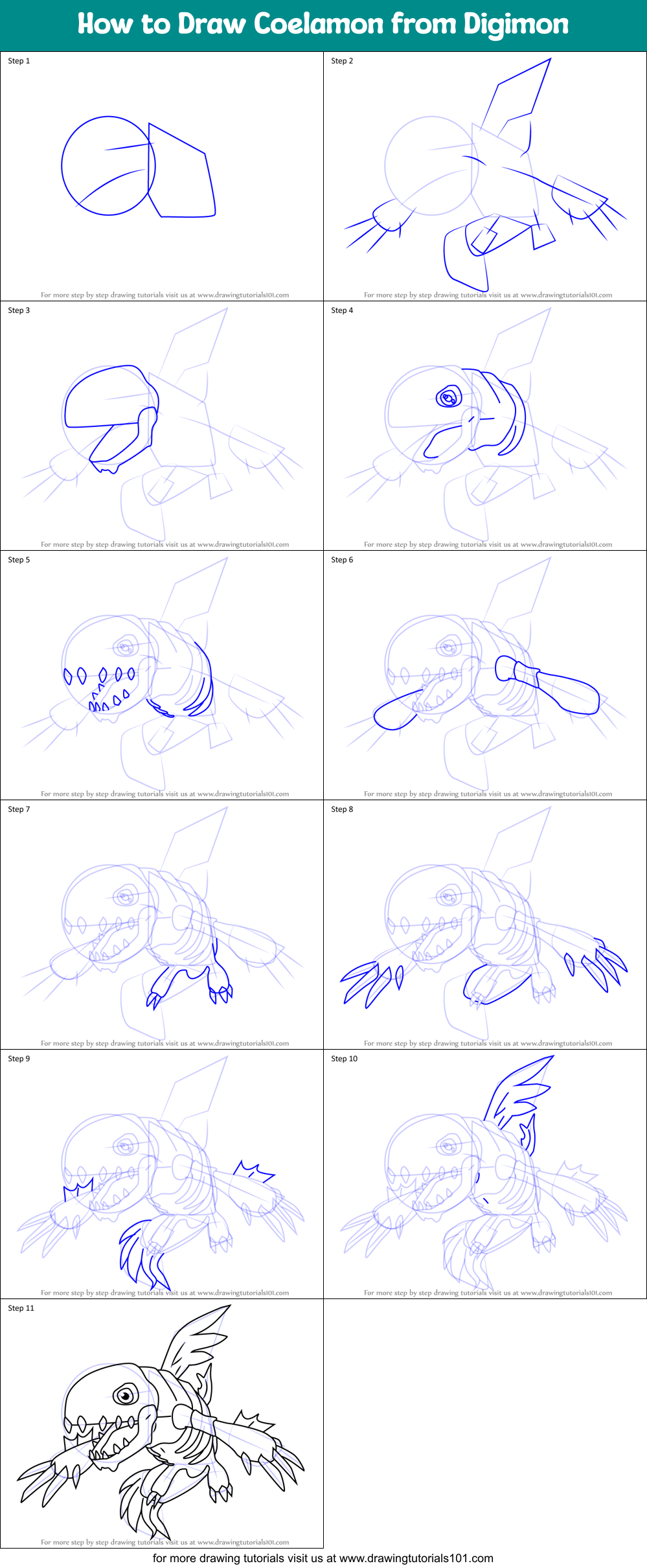 How to Draw Coelamon from Digimon Printable Step by Step