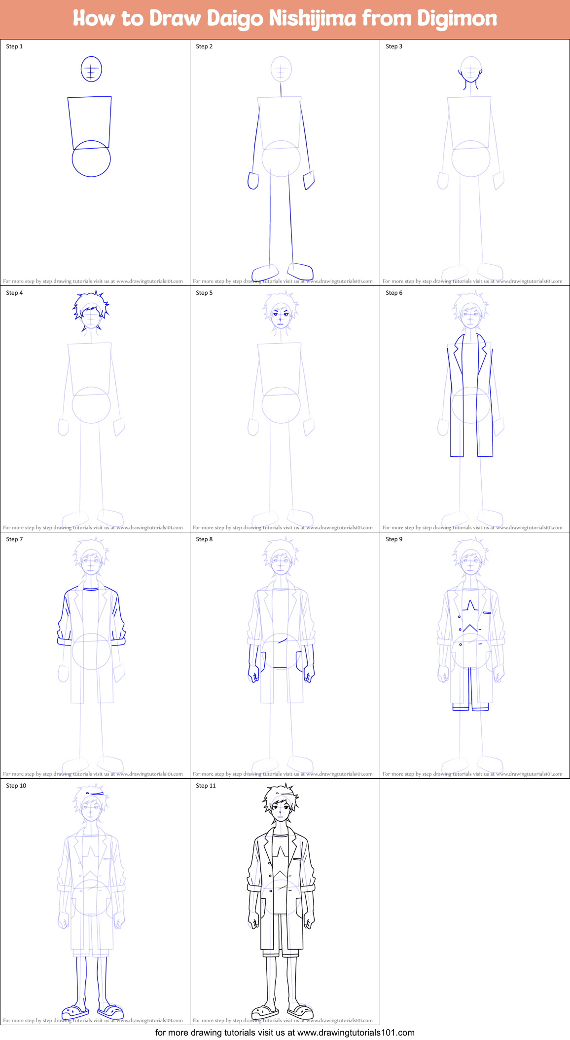 How to Draw Daigo Nishijima from Digimon Printable Step by Step